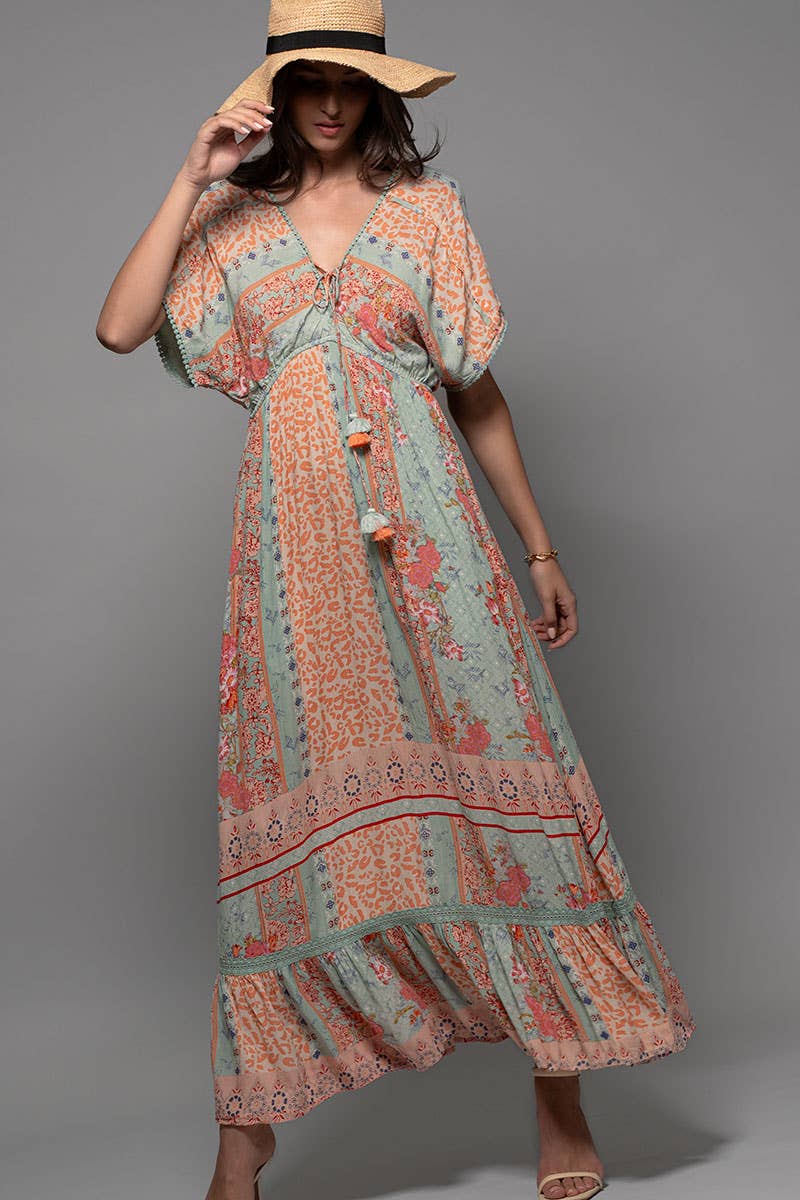 Patchwork Floral Tassel Tie V-Neck Maxi Dress