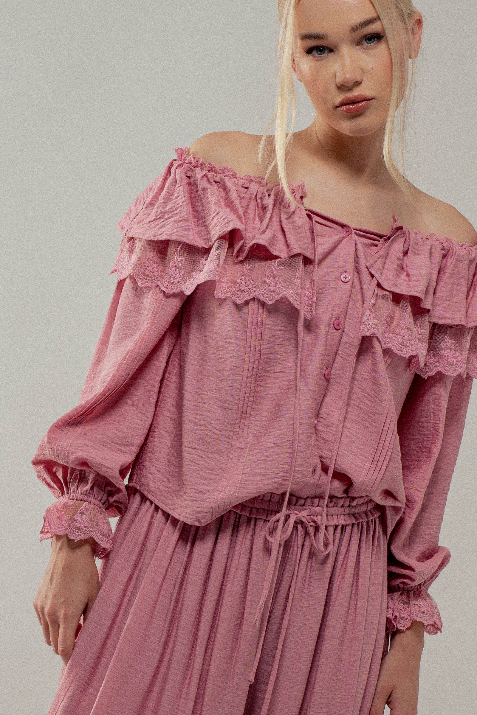 Lace Trim Ruffle Tie Neck Spring Blouse Top