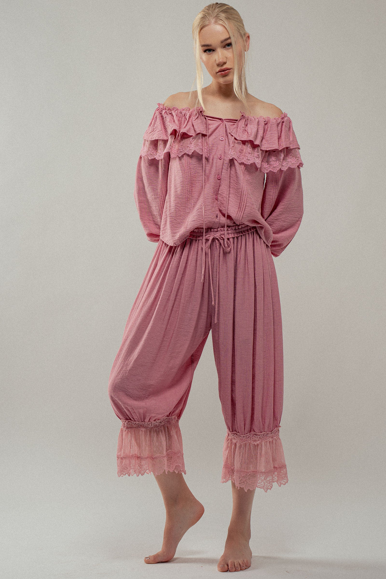 Lace Trim Ruffle Tie Neck Spring Blouse Top