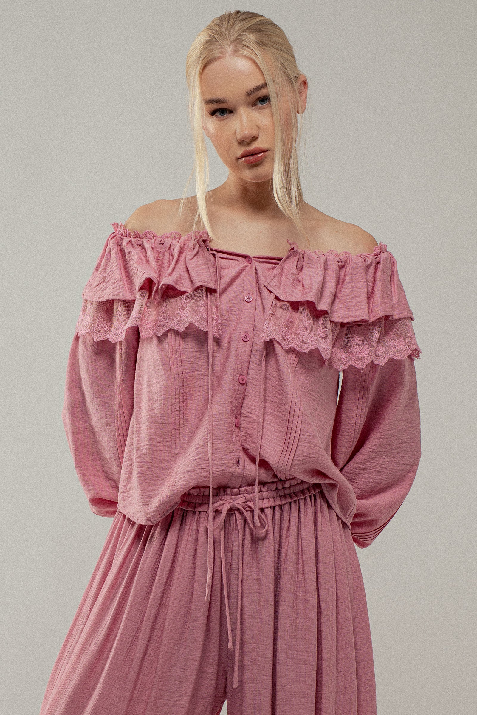 Lace Trim Ruffle Tie Neck Spring Blouse Top