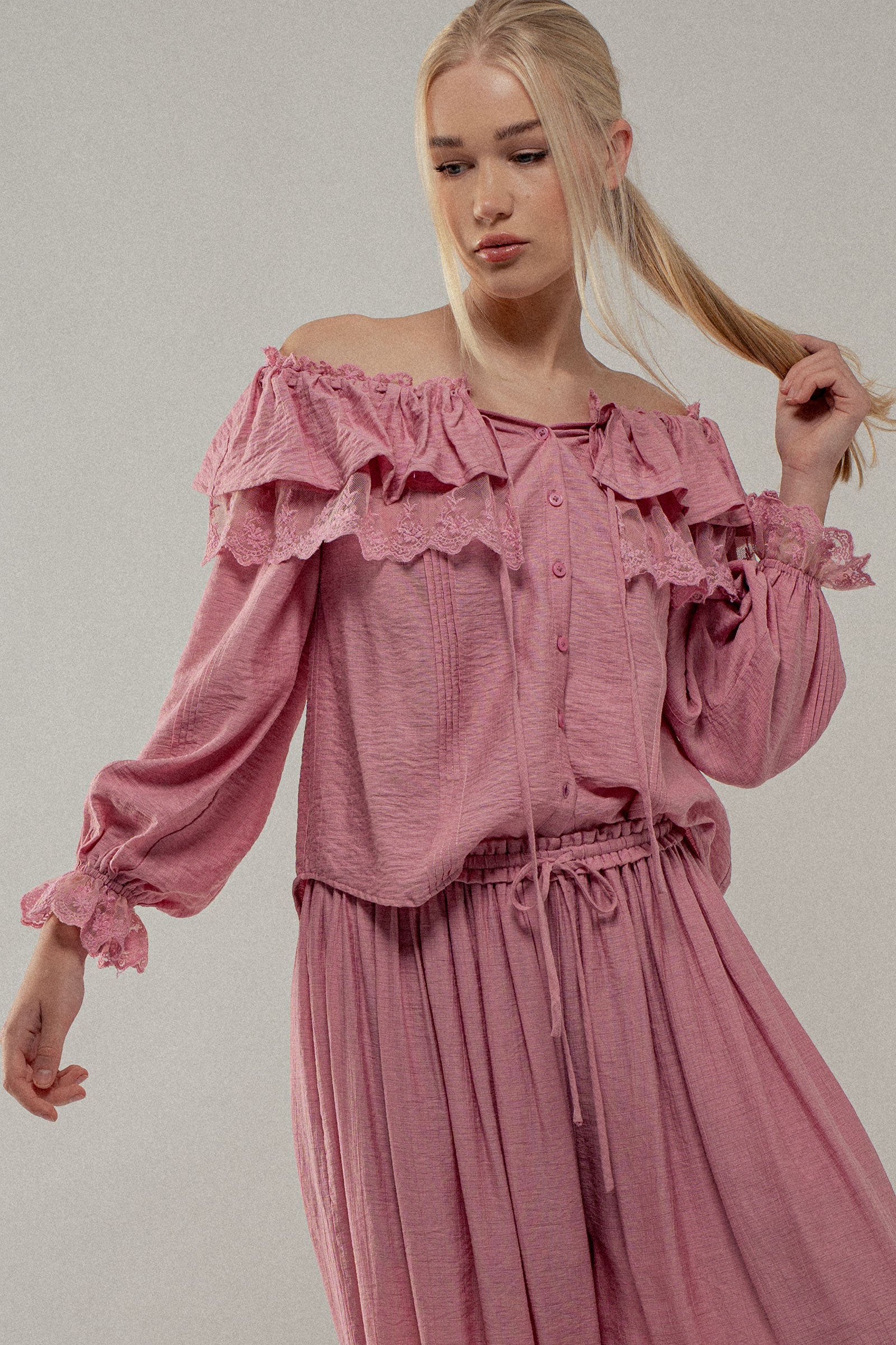 Lace Trim Ruffle Tie Neck Spring Blouse Top
