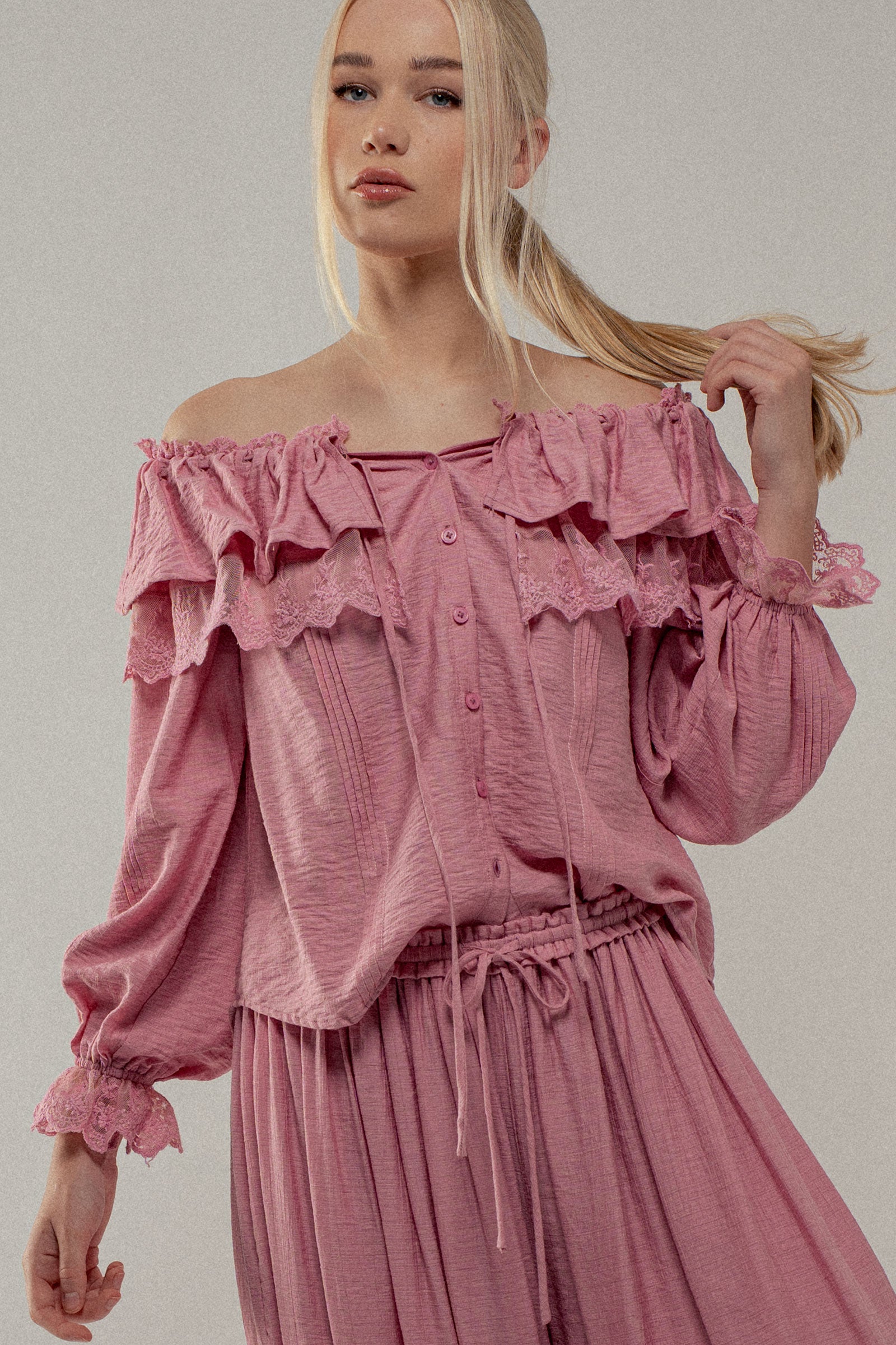 Lace Trim Ruffle Tie Neck Spring Blouse Top