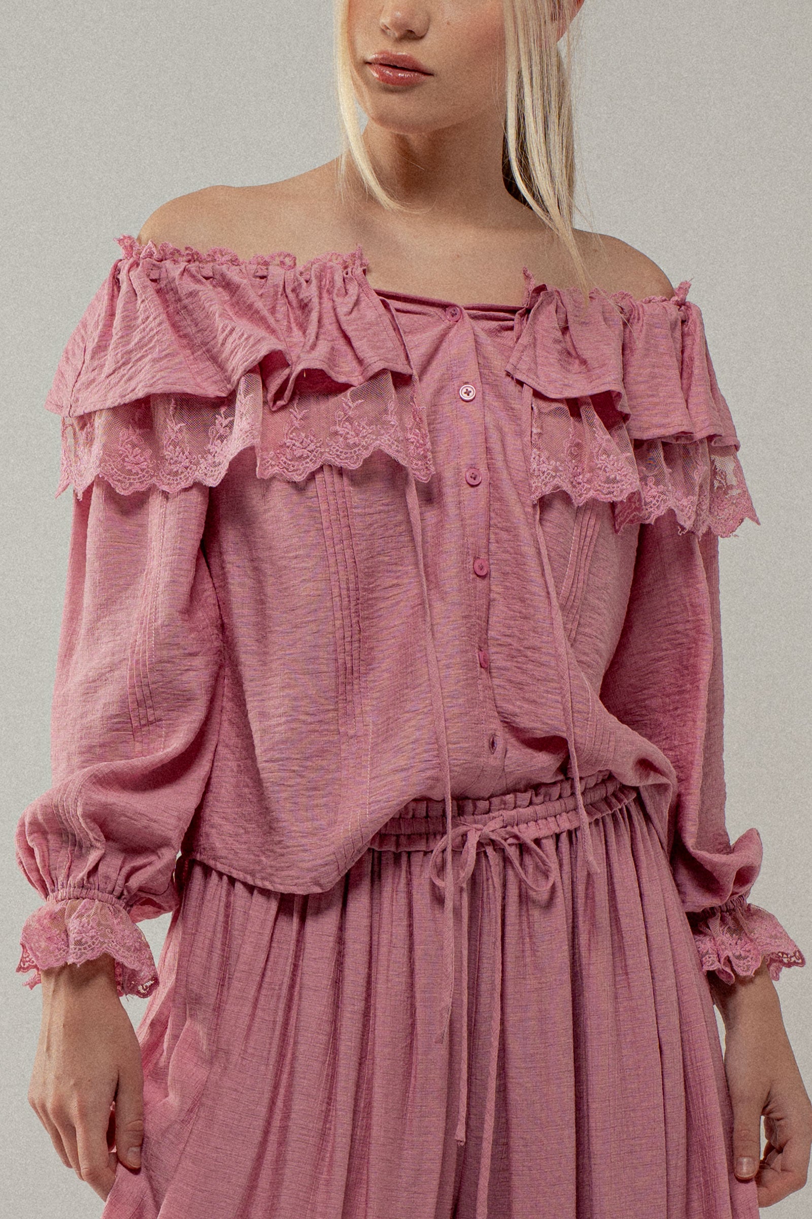Lace Trim Ruffle Tie Neck Spring Blouse Top