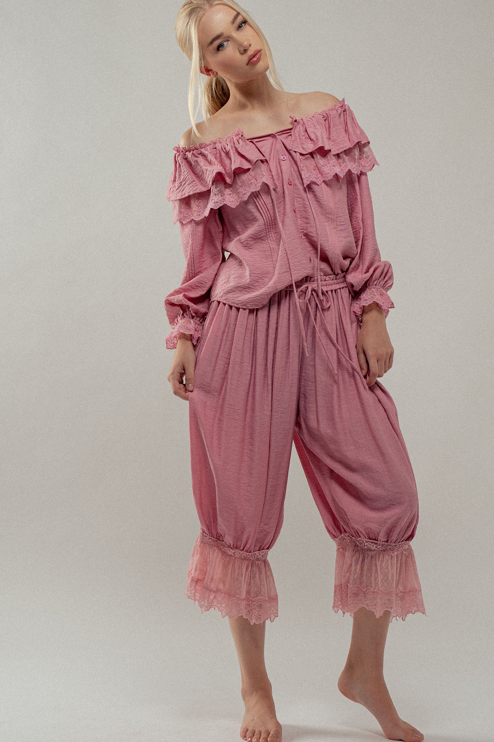 Lace Trim Ruffle Tie Neck Spring Blouse Top