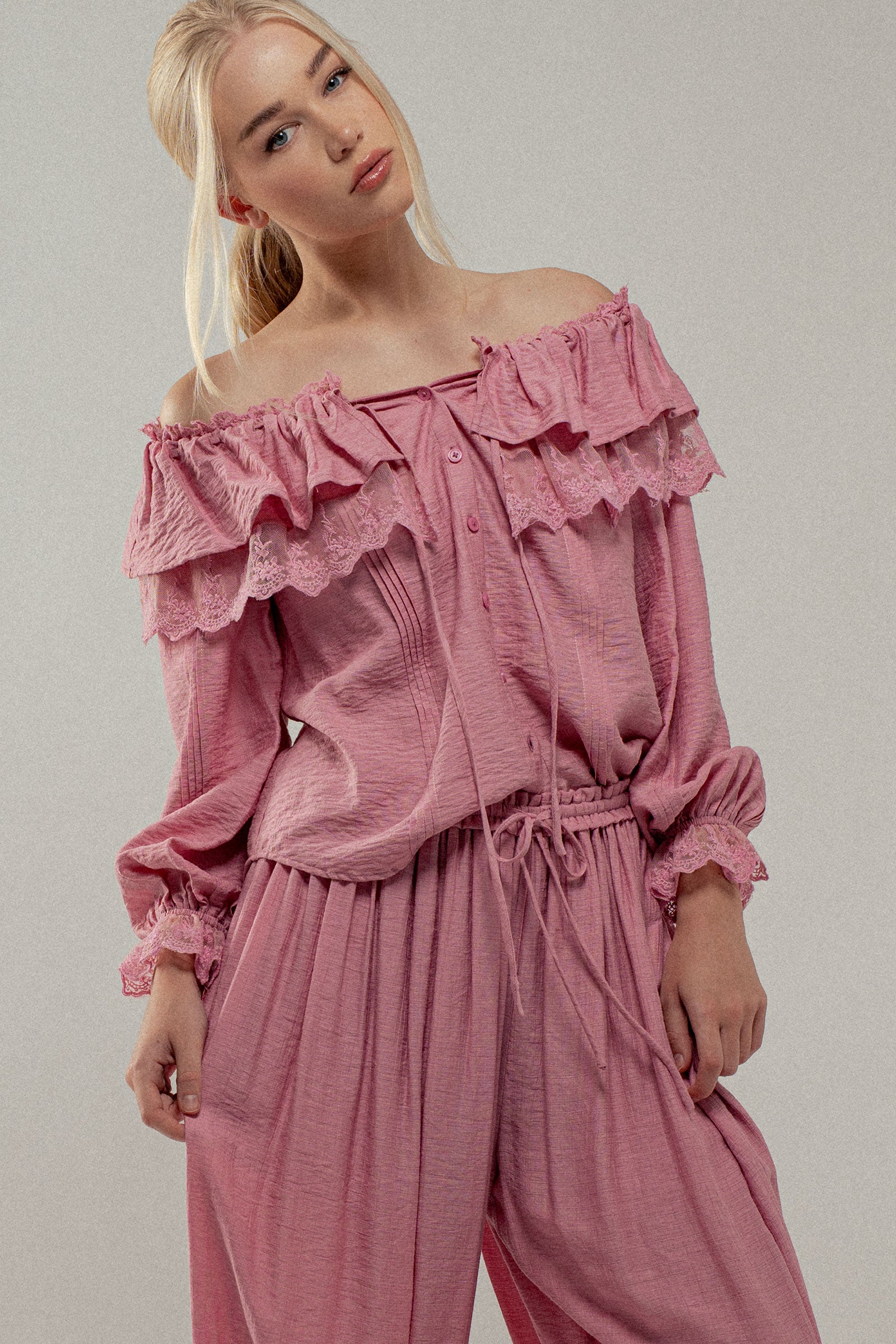 Lace Trim Ruffle Tie Neck Spring Blouse Top