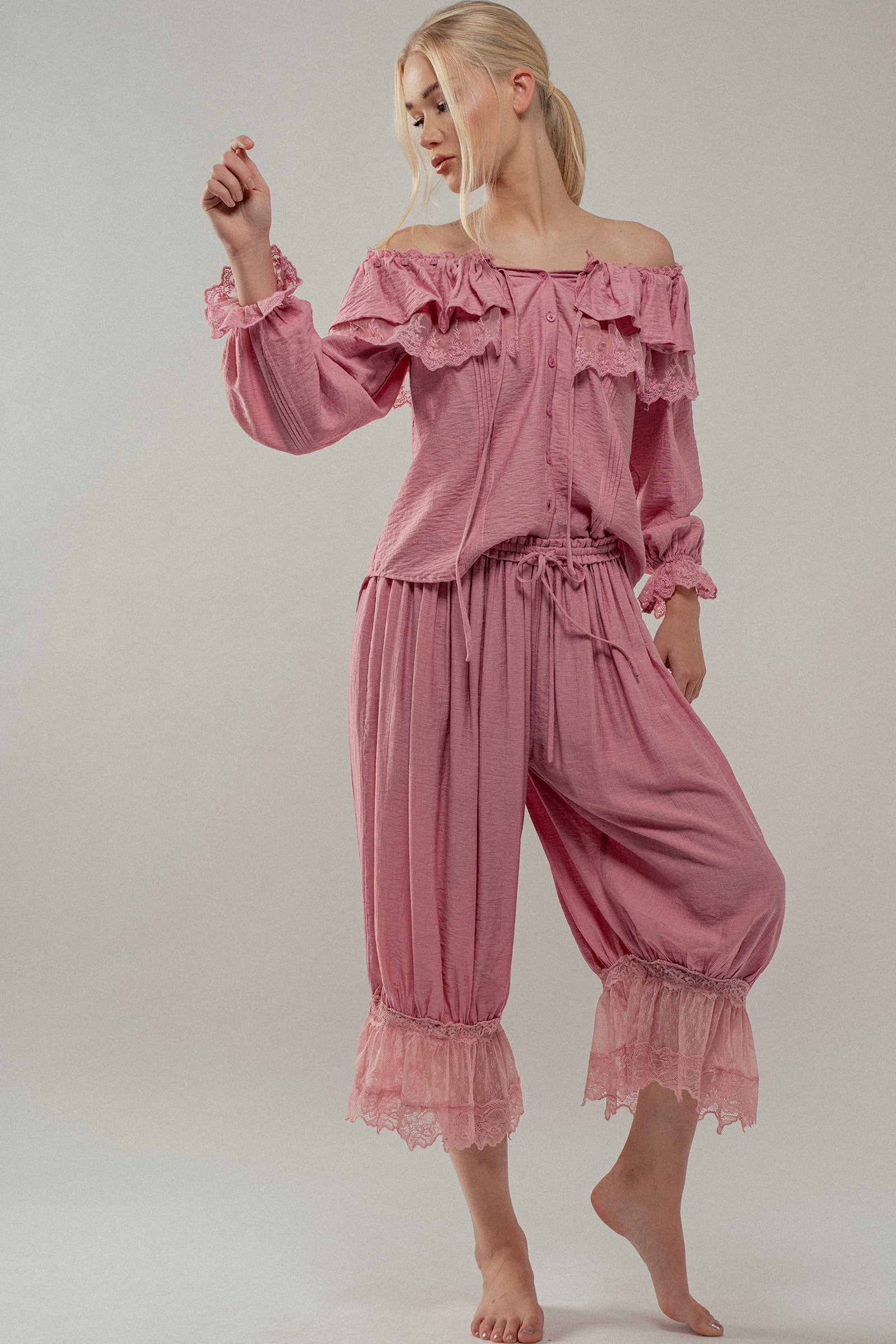 Lace Trim Ruffle Tie Neck Spring Blouse Top