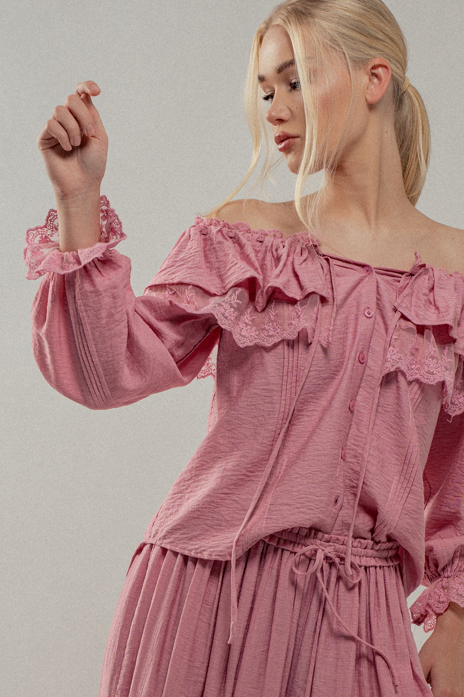 Lace Trim Ruffle Tie Neck Spring Blouse Top