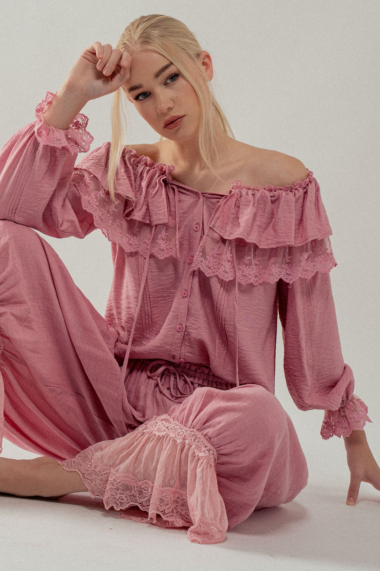 Lace Trim Ruffle Tie Neck Spring Blouse Top