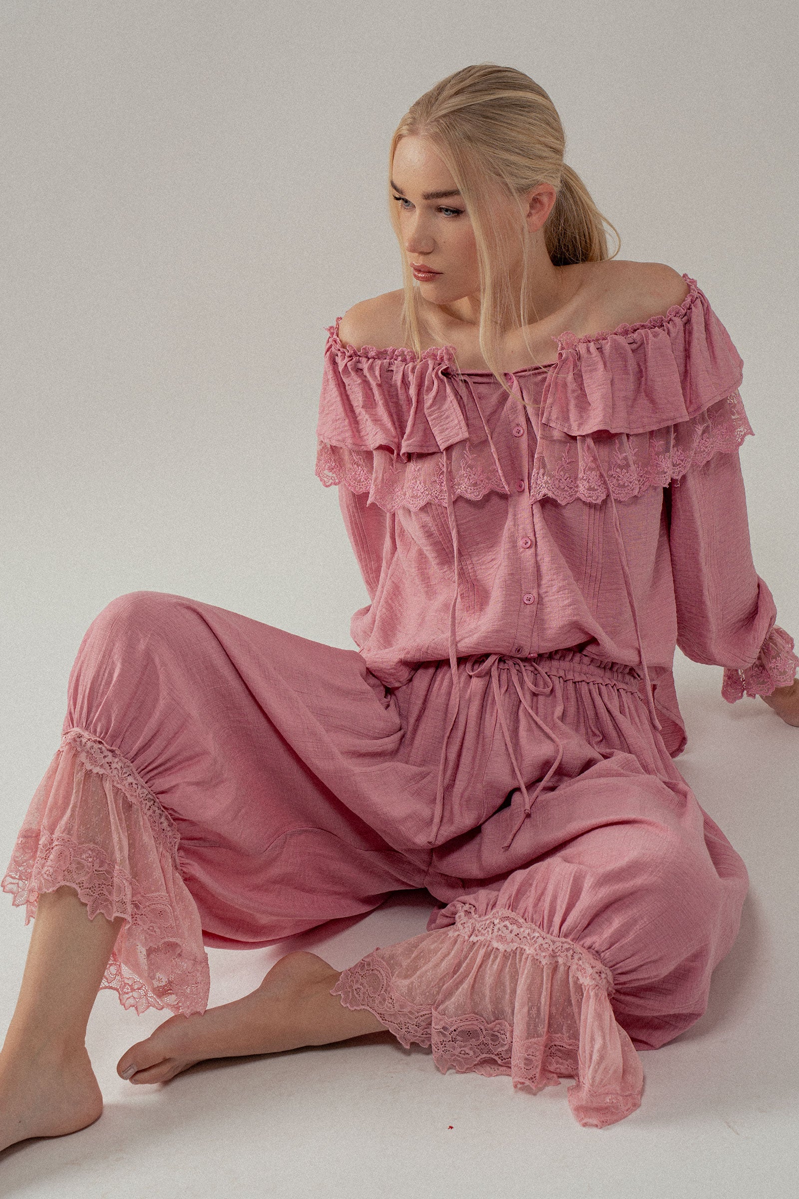 Lace Trim Ruffle Tie Neck Spring Blouse Top