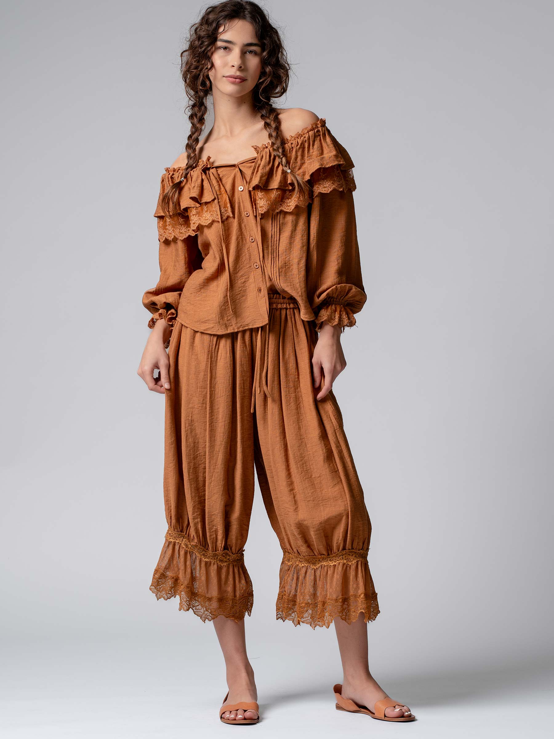 Lace Trim Ruffle Tie Neck Spring Blouse Top
