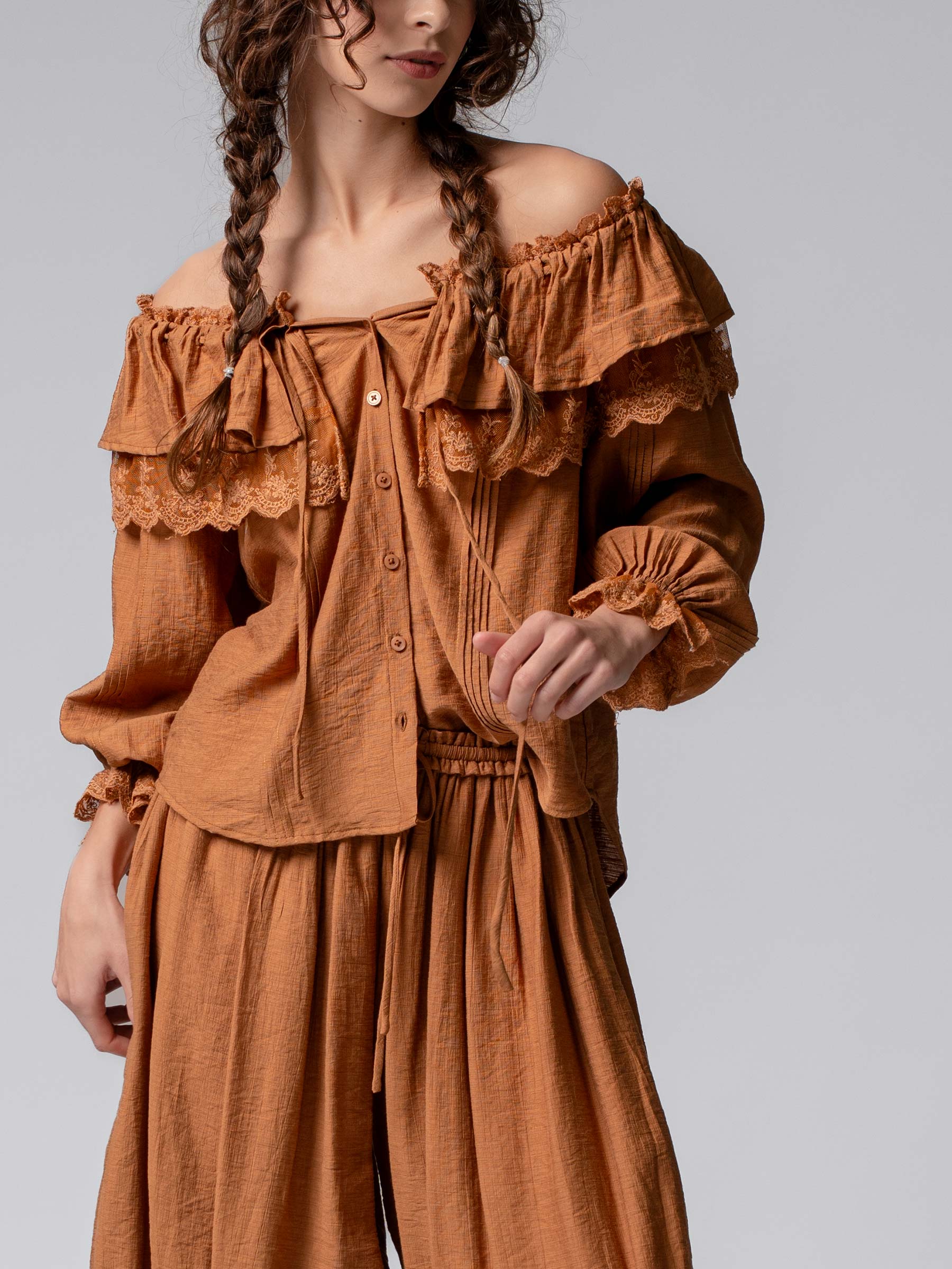 Lace Trim Ruffle Tie Neck Spring Blouse Top