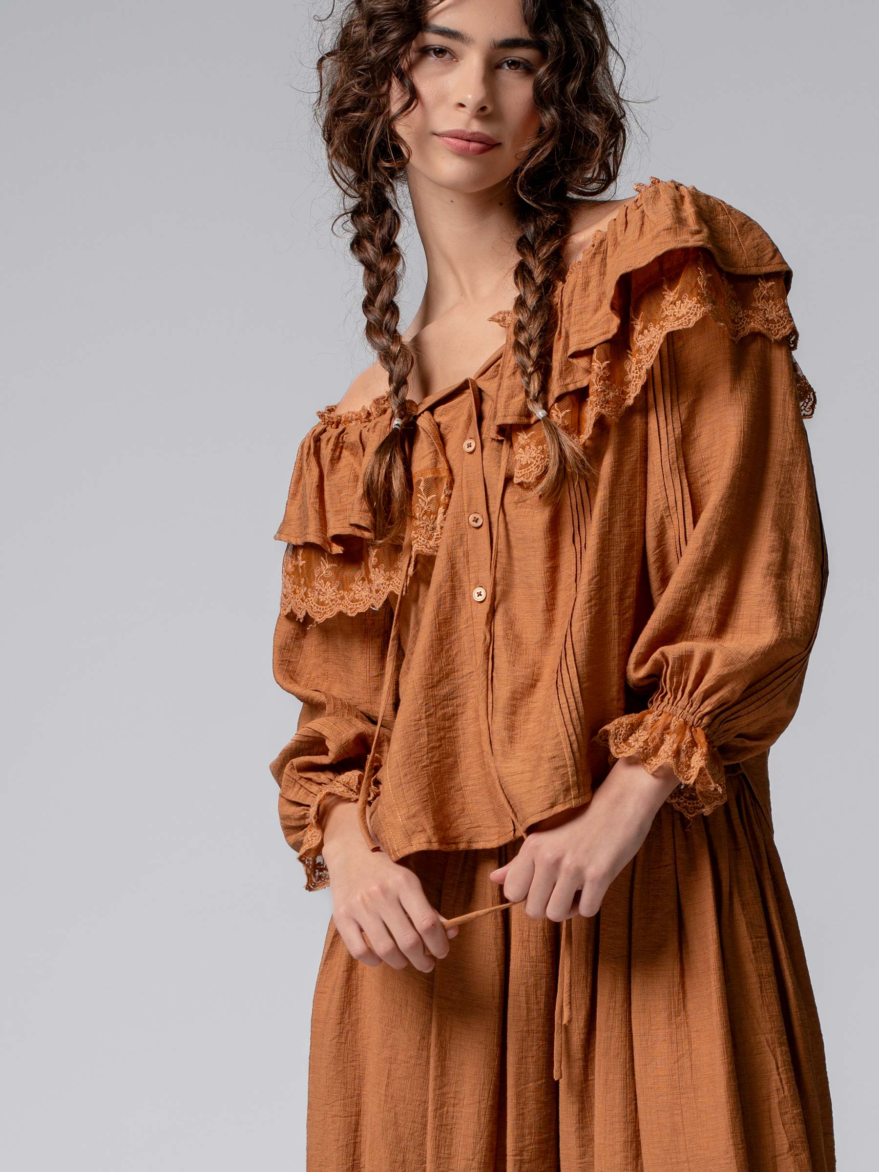 Lace Trim Ruffle Tie Neck Spring Blouse Top