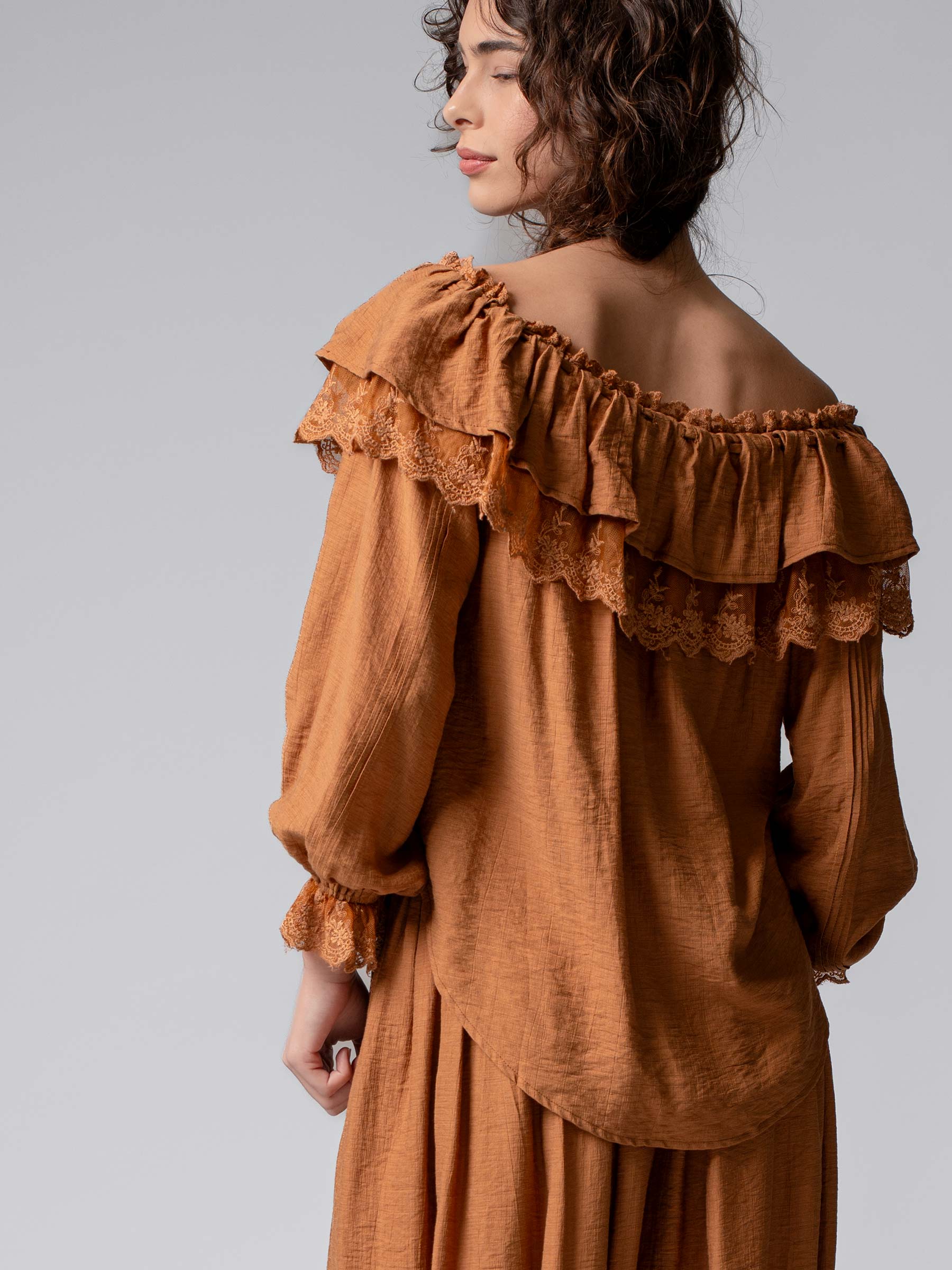 Lace Trim Ruffle Tie Neck Spring Blouse Top