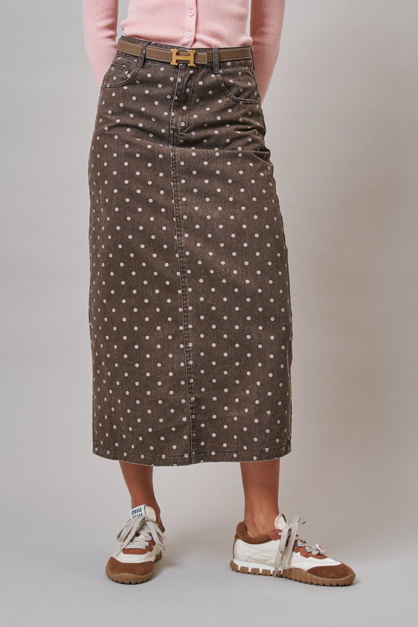 Soft Focus Polka Dot Denim Skirt in Brown - Women's Midi Skirts | Urban Daizy