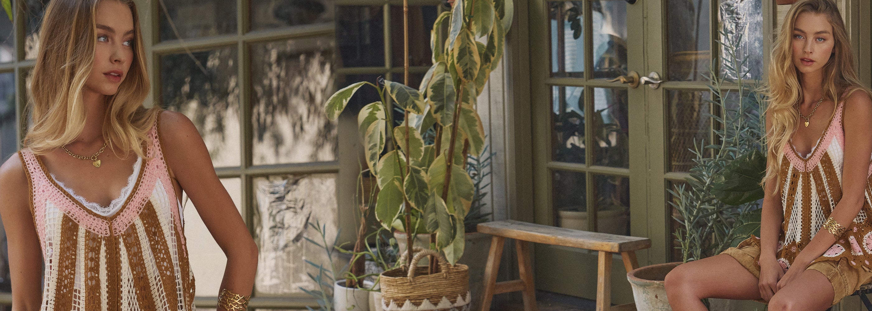 Urban Daizy Crochet Tank Top in Pink Brown and White - Boho Lace Trim V-Neck Top - Spring Summer Collection