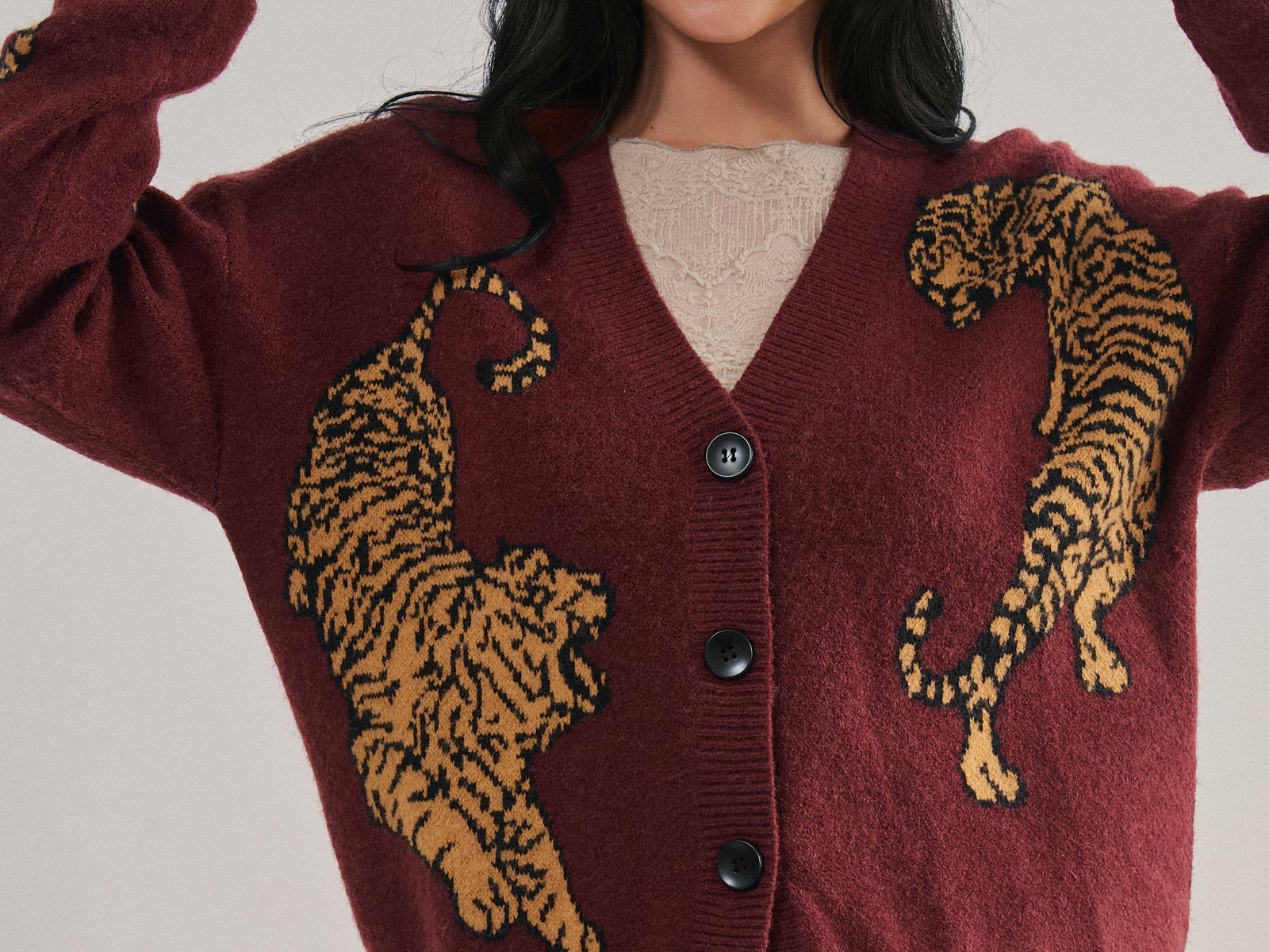 Tiger Jacquard Knit Sweater Cardigan — the most-ordered style at our Dallas Market booth