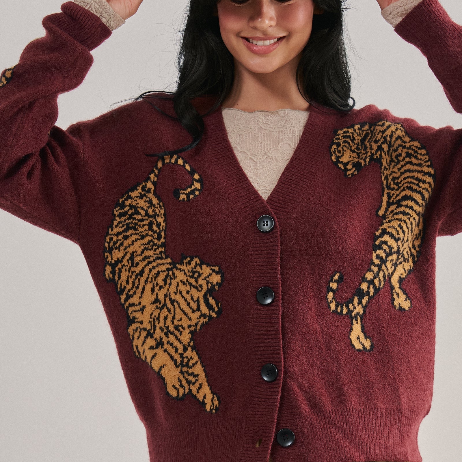 Tiger Jacquard Knit Sweater Cardigan — the most-ordered style at our Dallas Market booth