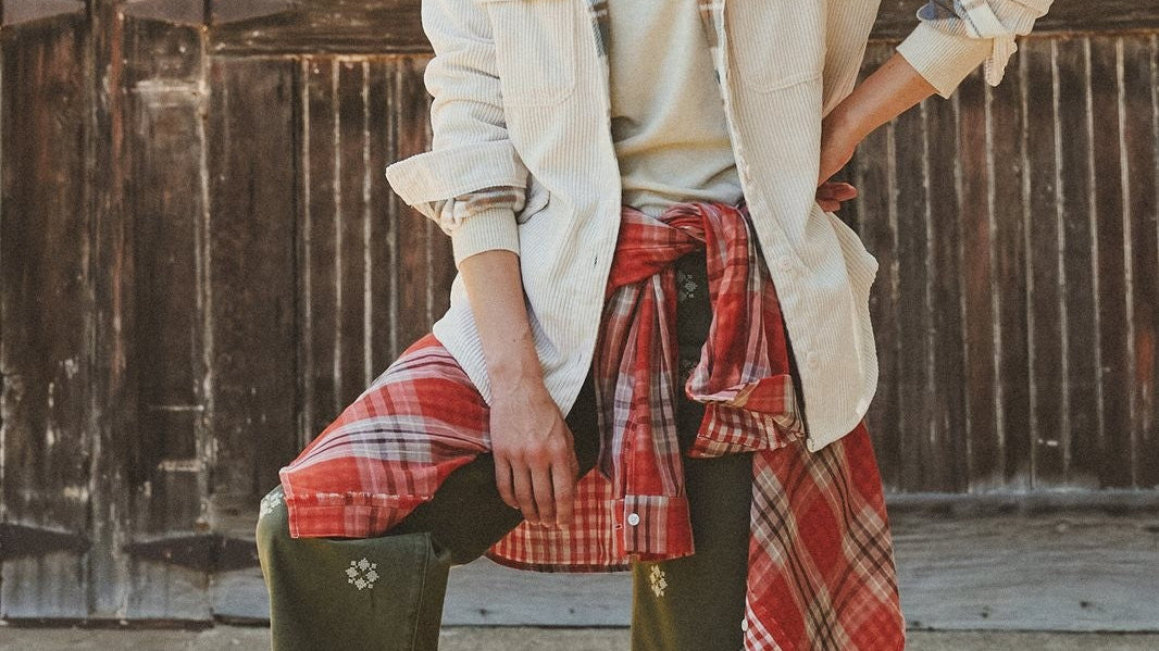 Cream corduroy shacket layered over a neutral top