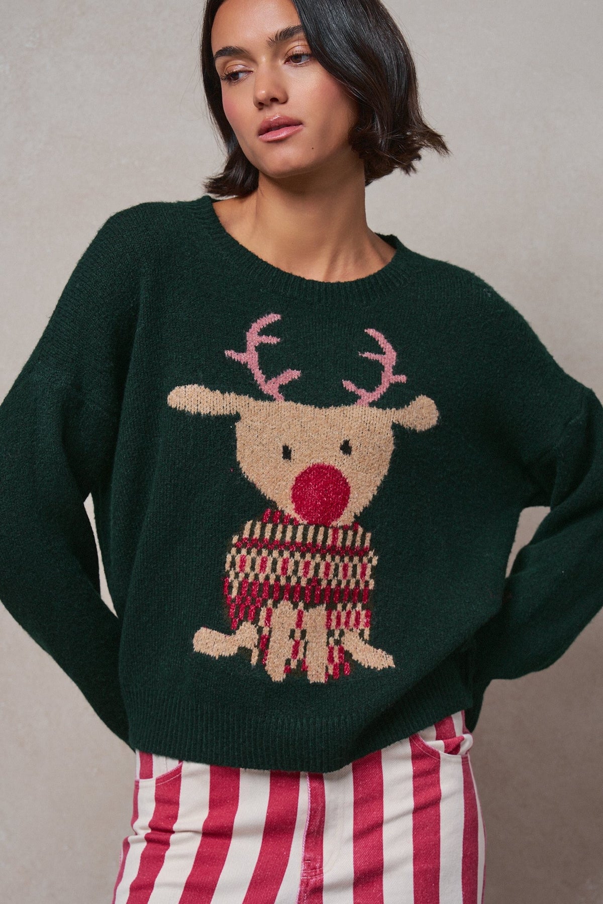 Rudolph Crewneck Knit Sweater in H GREEN - Women's Sweaters | Urban Daizy