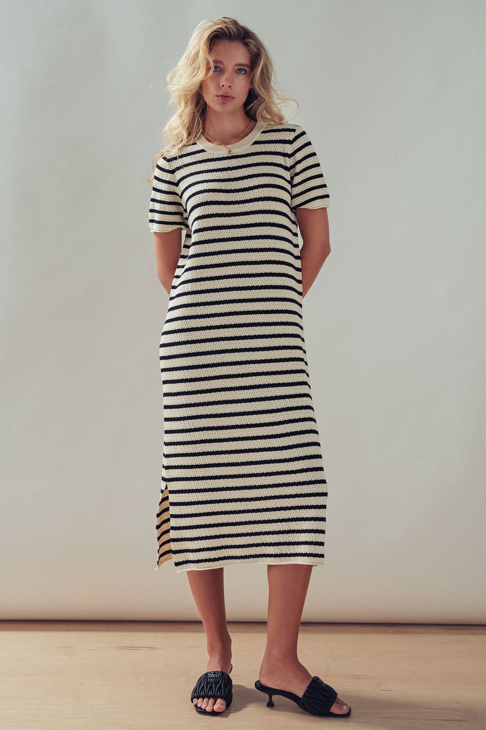 Striped Crochet Knit Short Sleeve Midi Dress
