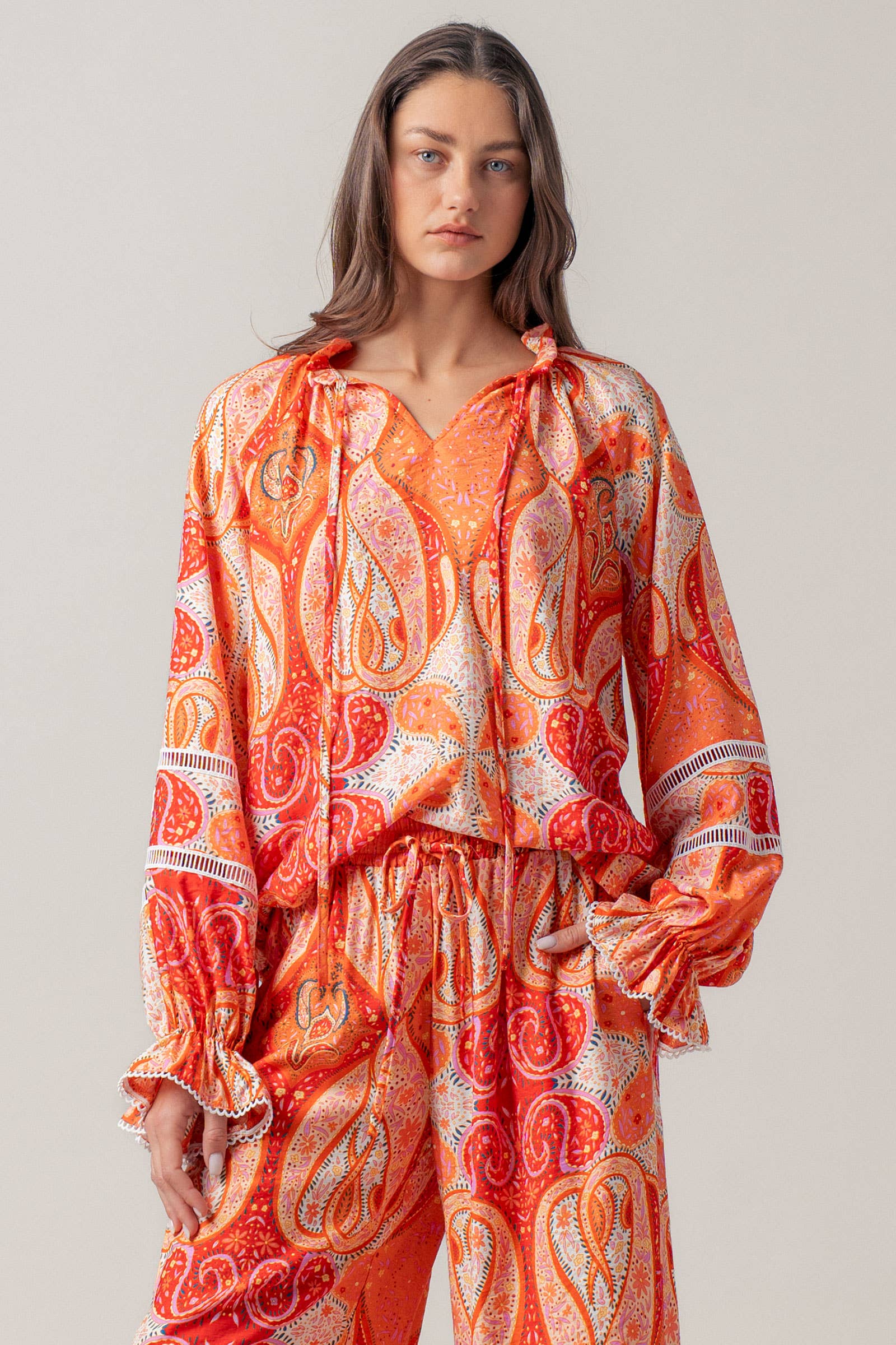 Paisley Print Tie-Neck Blouse with Bell Sleeves