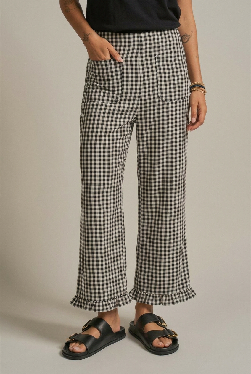 Gingham Ruffle Hem Cropped Wide Leg Pants
