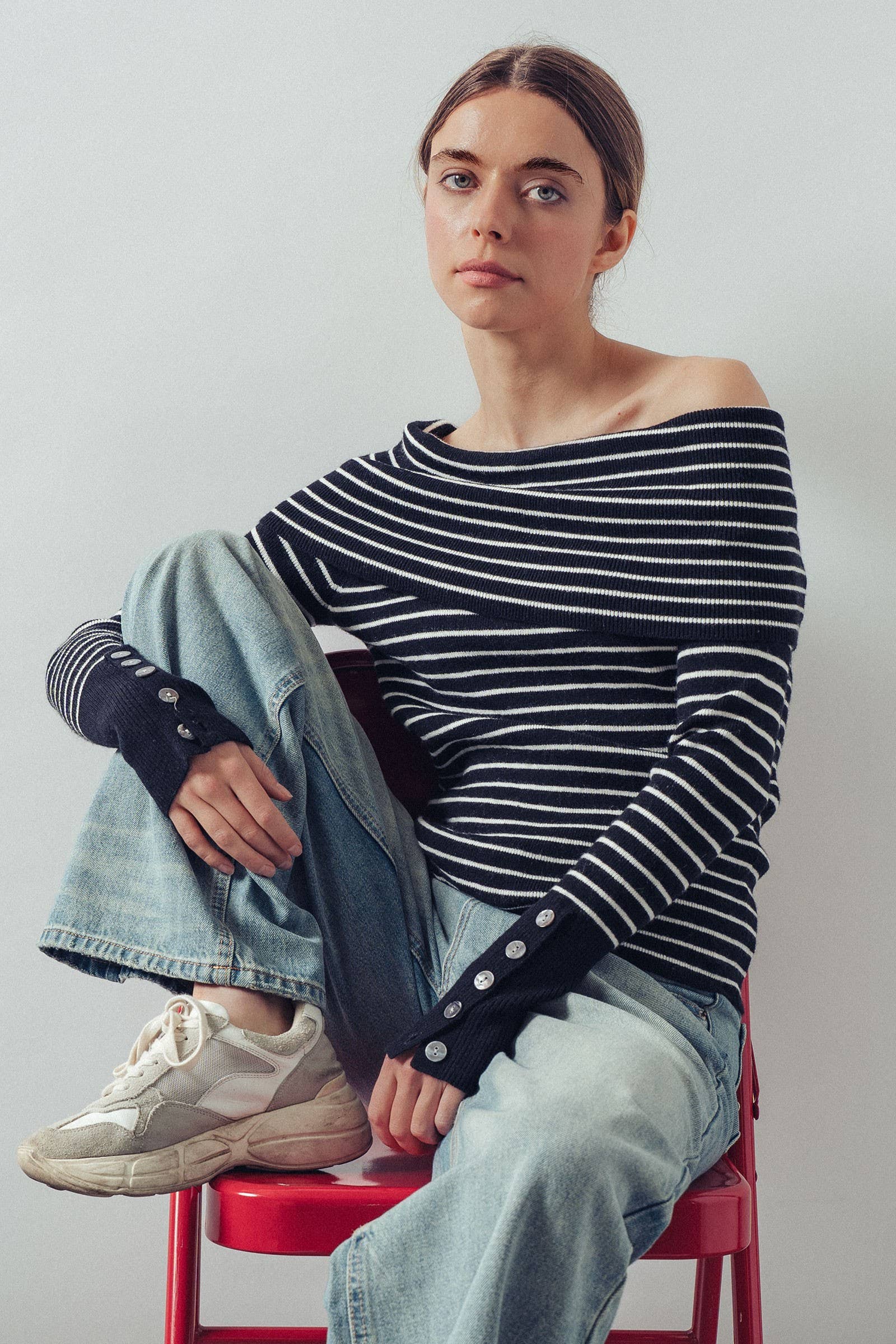 Off-Shoulder Striped Knit Top