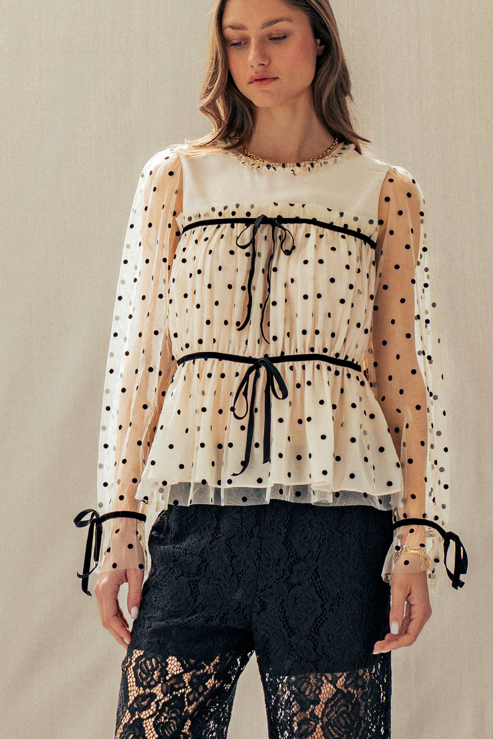 Urban Daizy Polka Dot Mesh Babydoll Top Velvet Bow Tie Ivory-Black Blouse - Women's (UDZ-TP-01052)