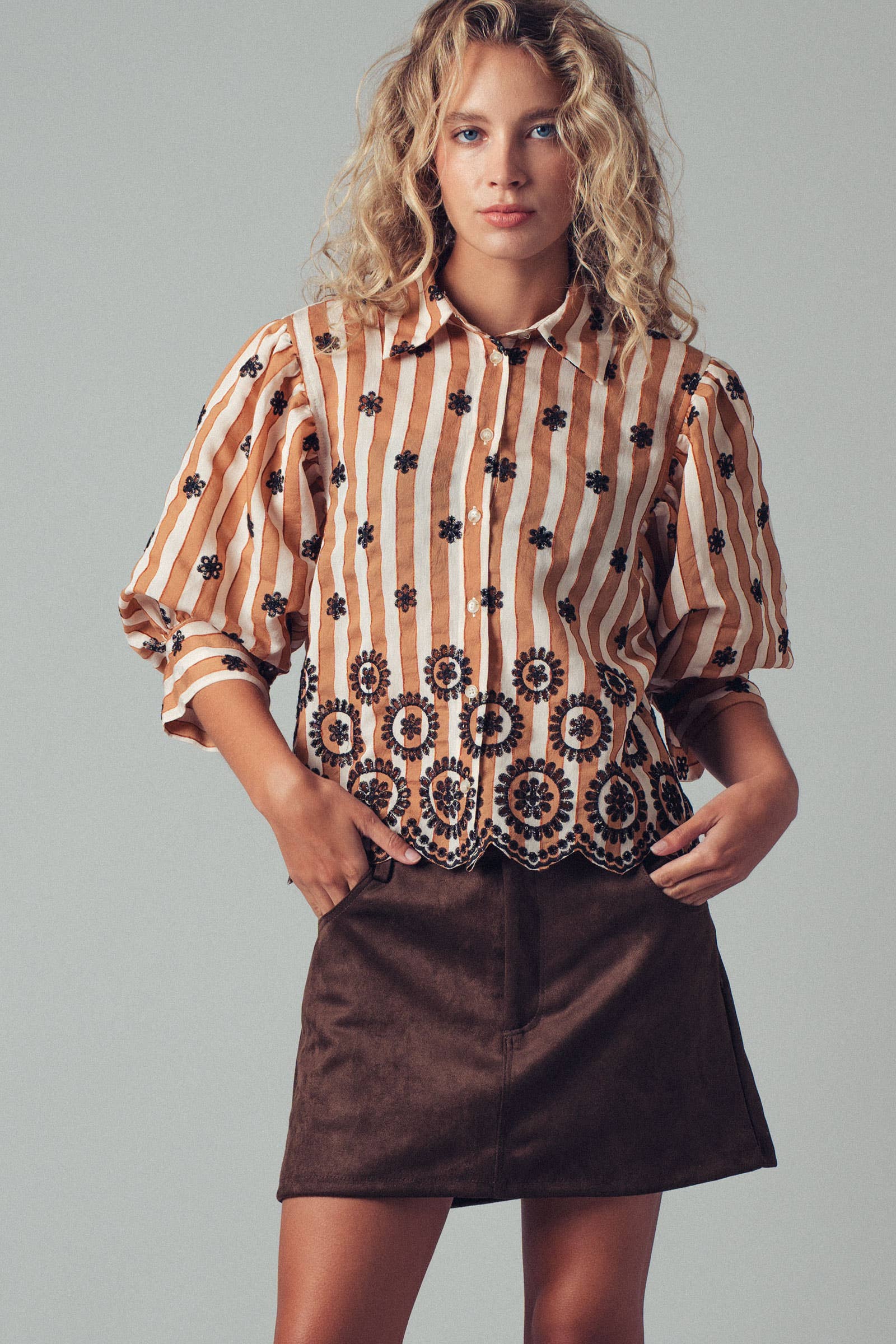 Urban Daizy Striped Floral Embroidered Scallop Blouse Olive Button Down Shirt - Women's (UDZ-TP-00953) – alternate view 16