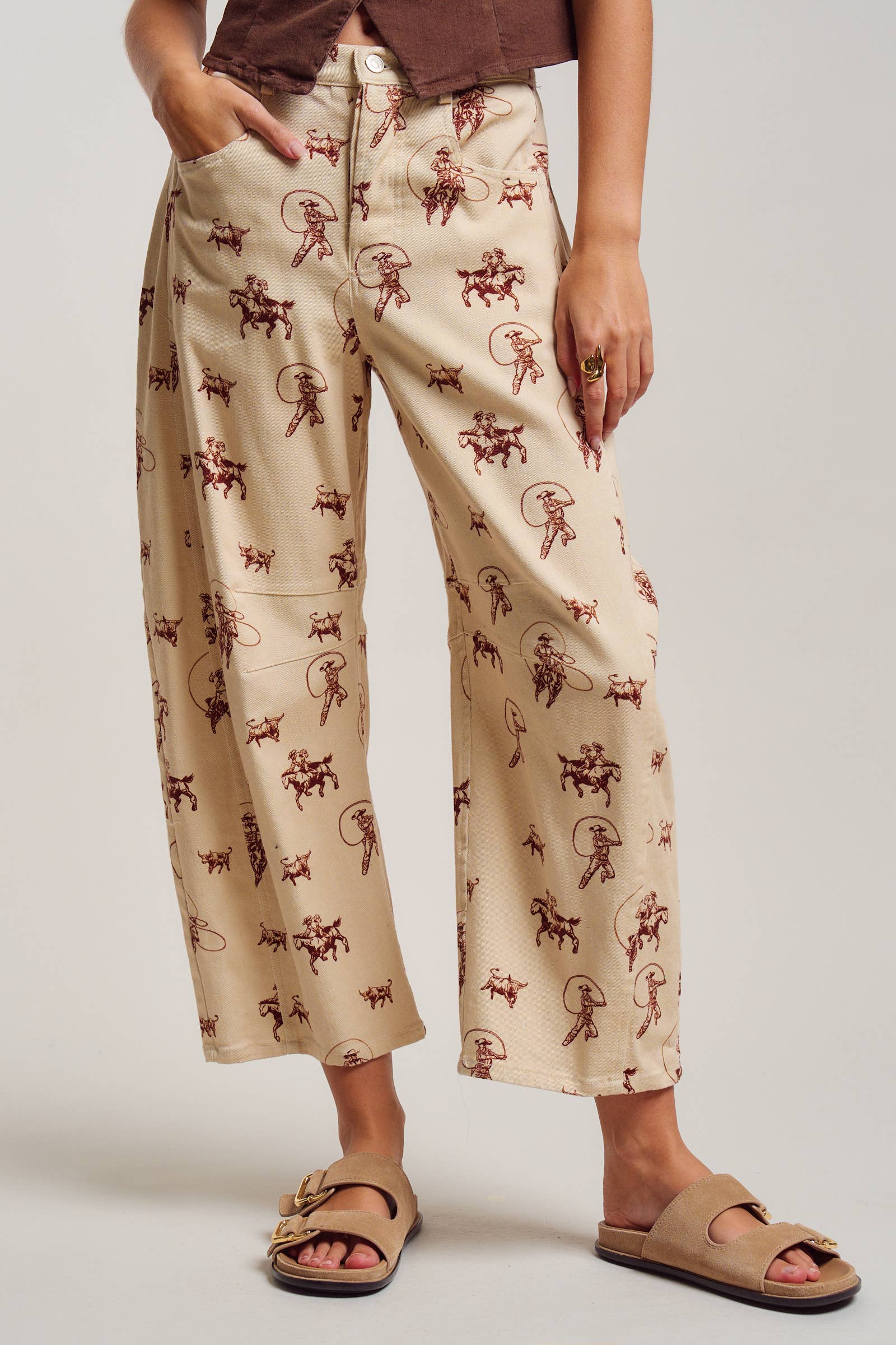 Urban Daizy Western Toile Print Barrel Leg Stretch Pants Lt-Khaki Pants - Women's (UDPT0076-Lt-Khaki) – alternate view 7