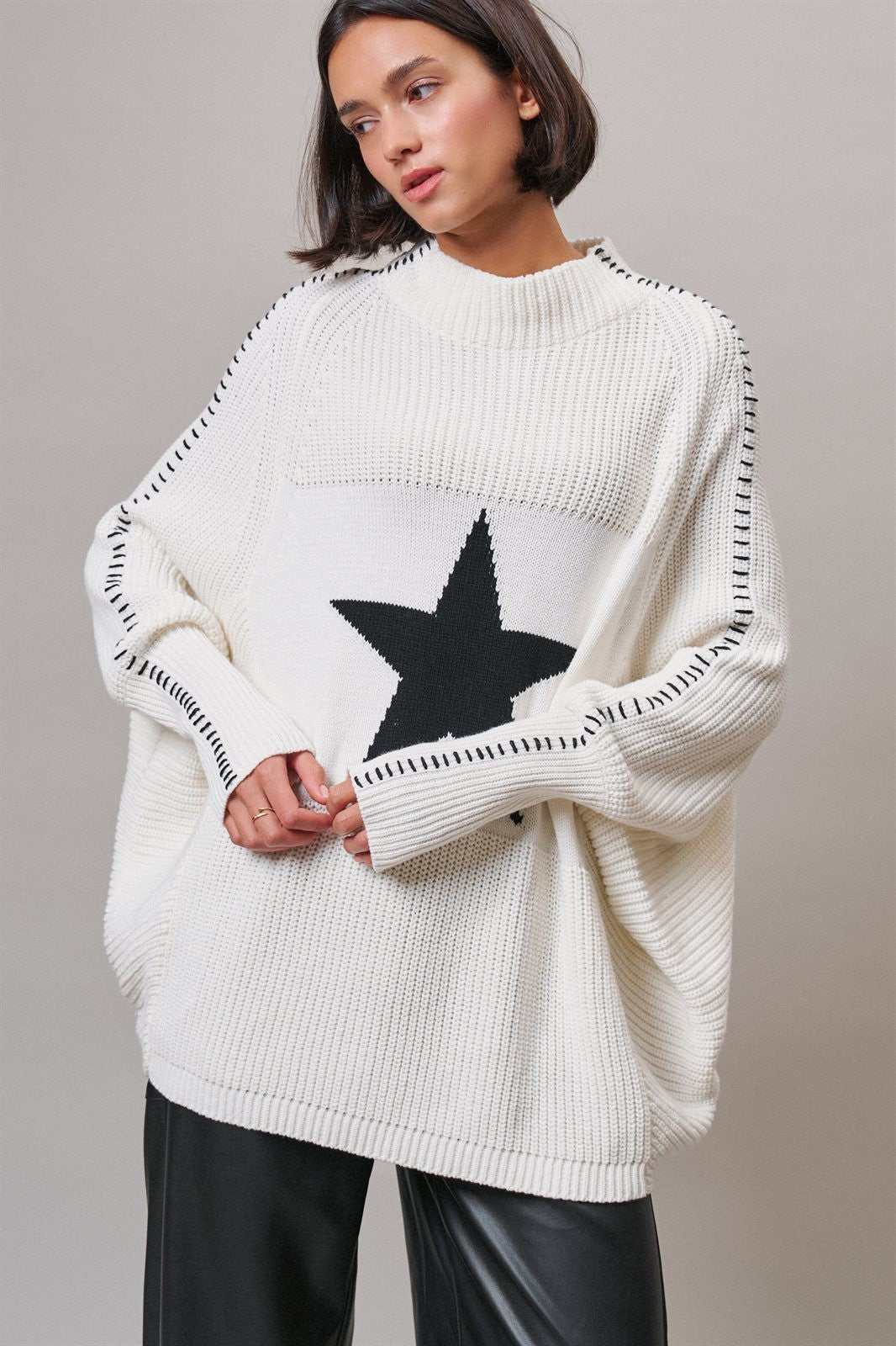 Star Intarsia Mock Neck Sweater in IVORY - Women's Sweaters | Urban Daizy