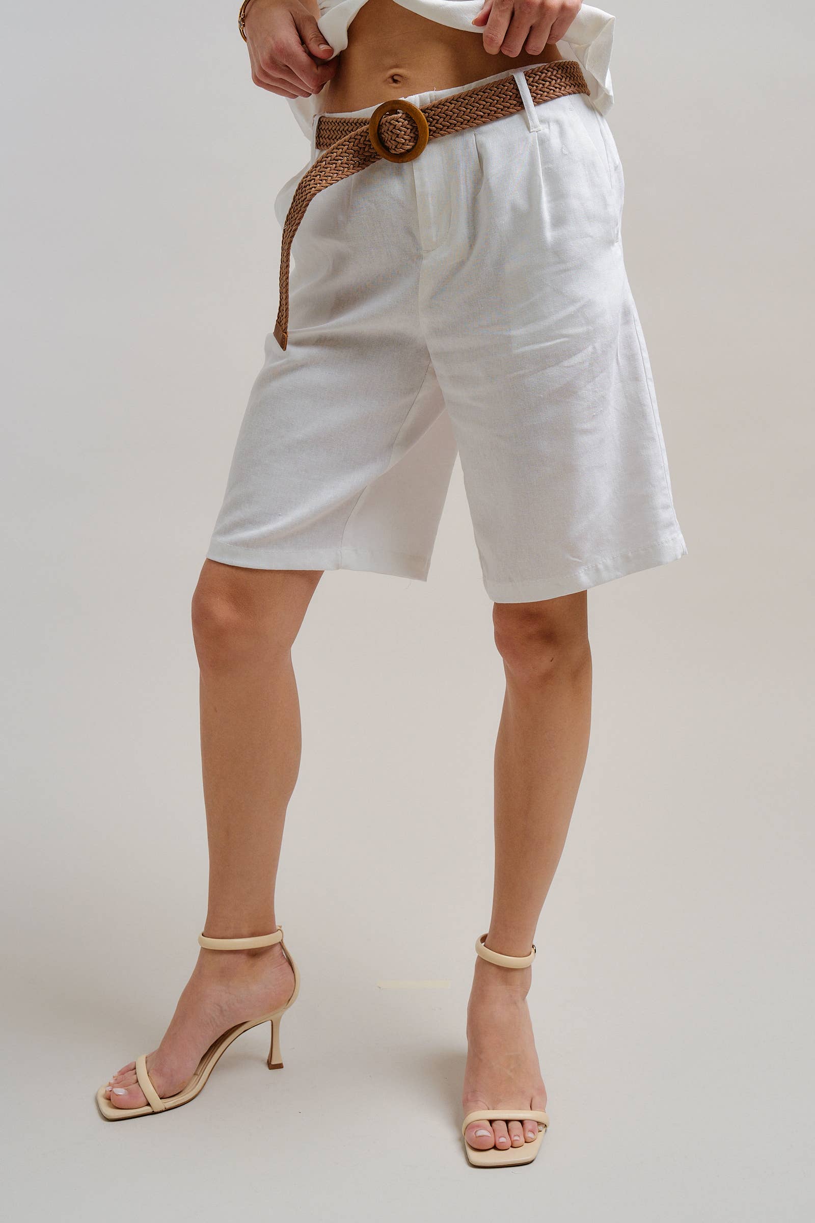 Linen Blend Belted Bermuda Shorts