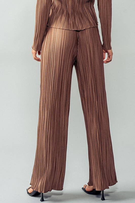 Urban Daizy Shimmer Pleated Wide Leg Elastic Waist Pants Brown Pants - Women's (UDZ-PT-00231) – alternate view 5