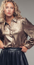 Metallic Shimmer Button Down Blouse with Puff Sleeves in GOLD - Women's Shirts & Blouses | Urban Daizy