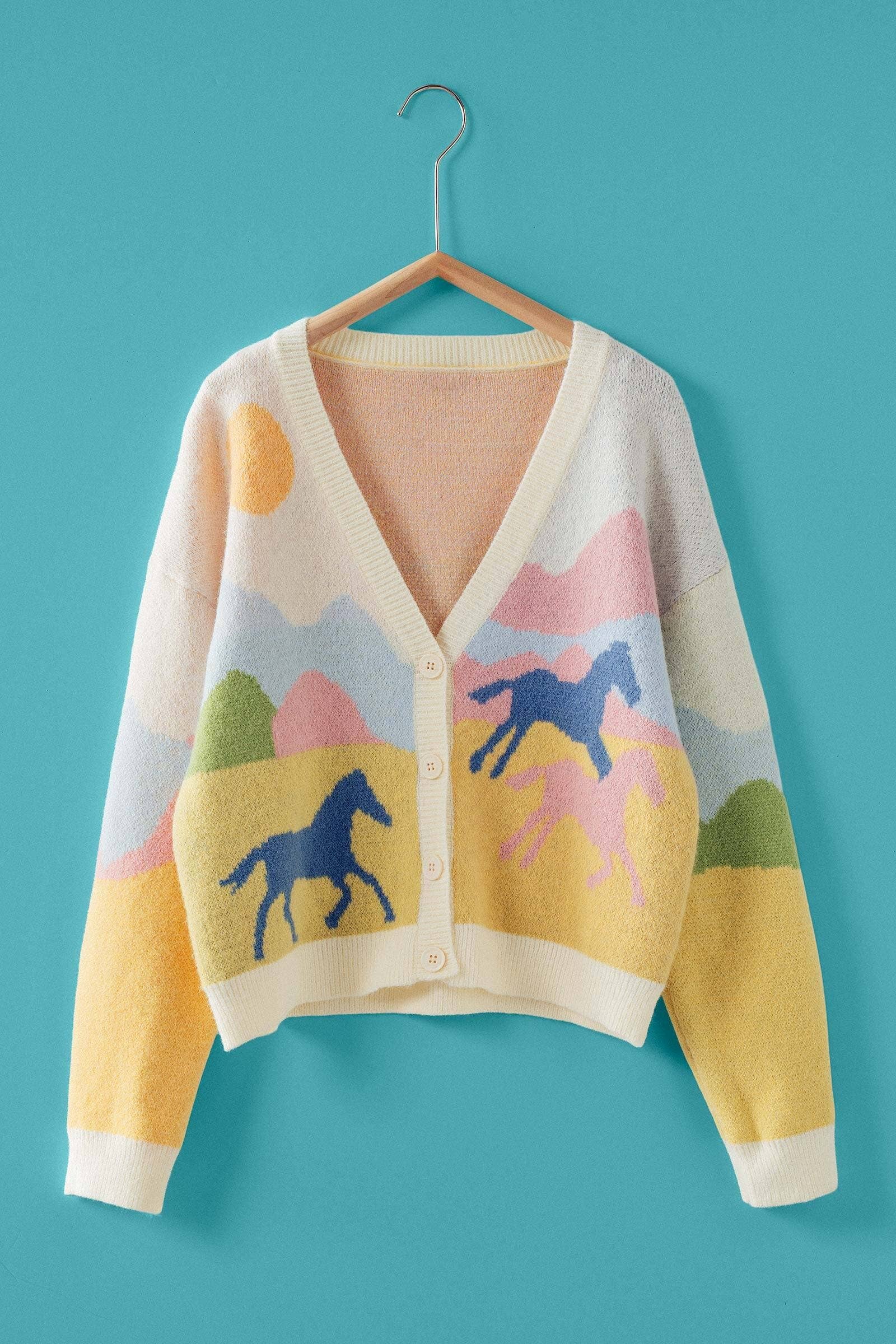 Urban Daizy Landscape Horse Jacquard Knit Cardigan Yellow Cardigan - Women's