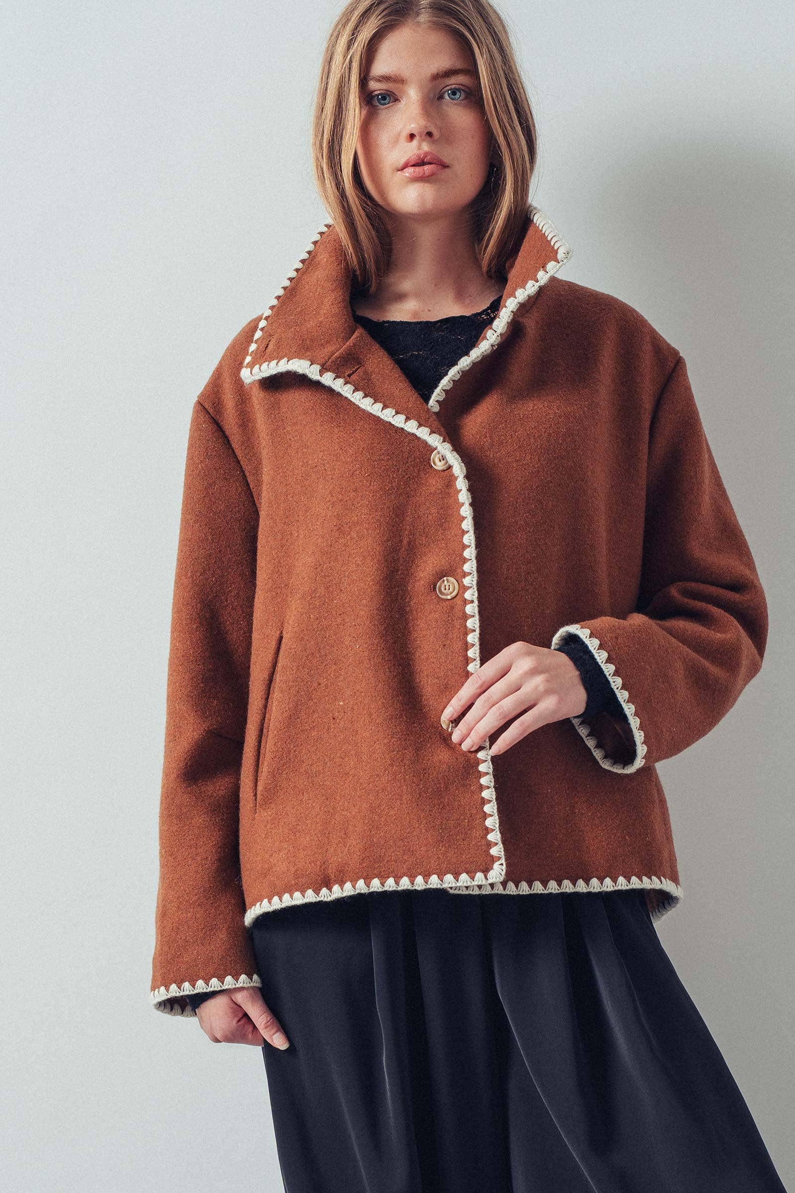 Embroidered Trim Wool-Blend Jacket