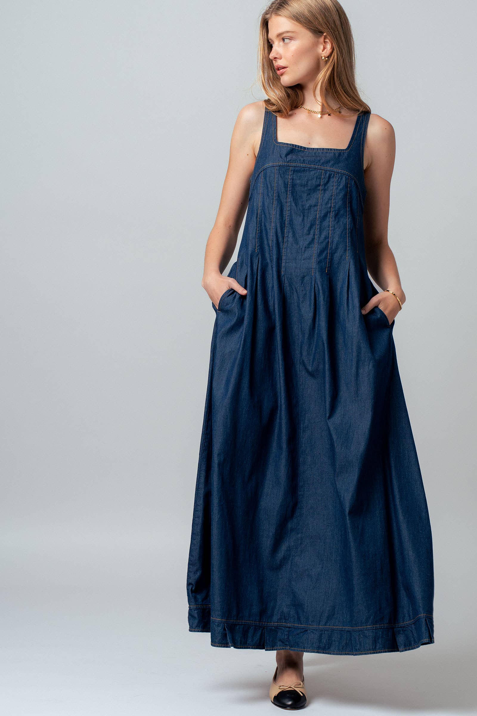 Smocked Back Denim Maxi Dress