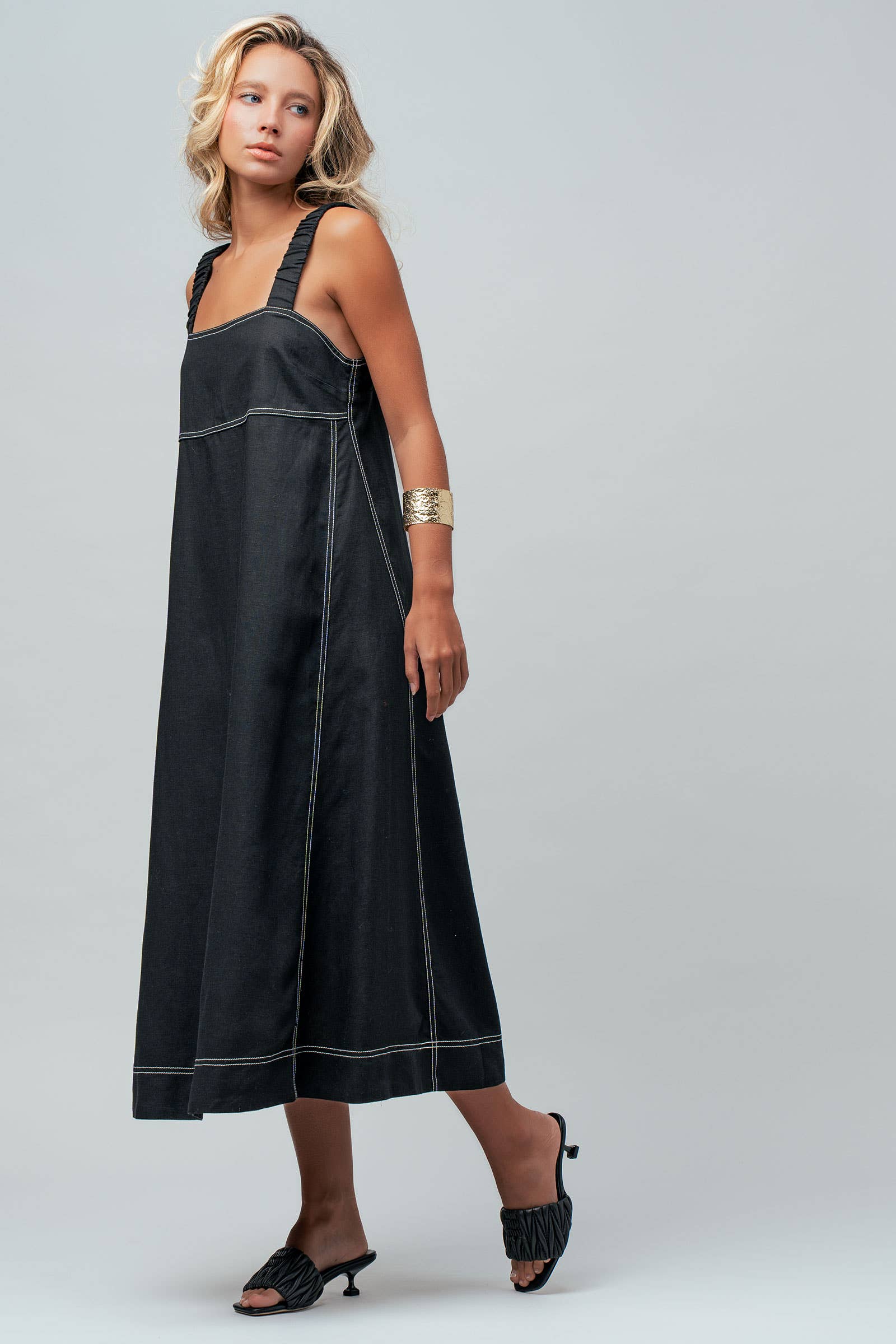 Contrast Stitch Square Neck Tencel Linen Midi Dress