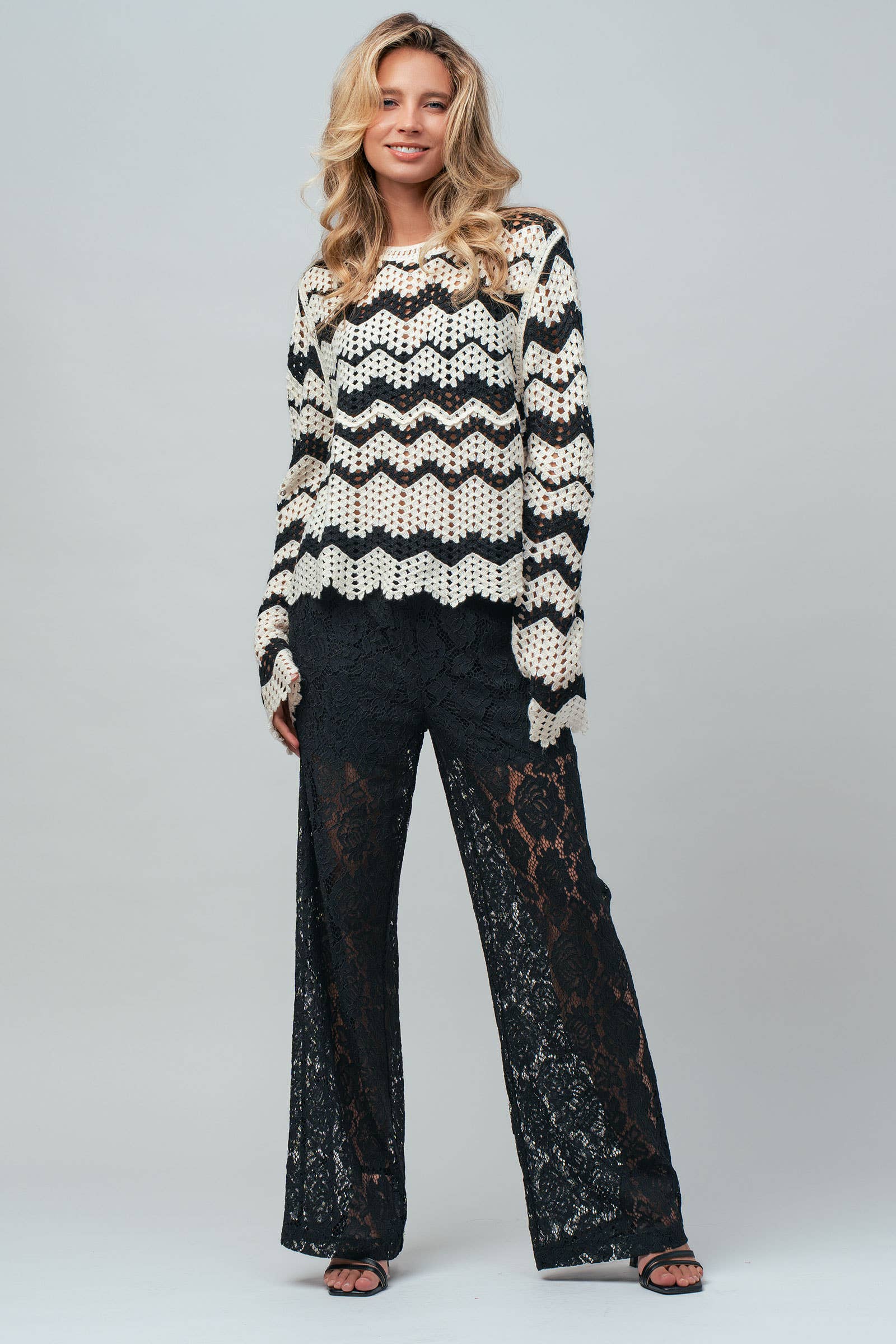 Chevron Pattern Open-Knit Crochet Sweater