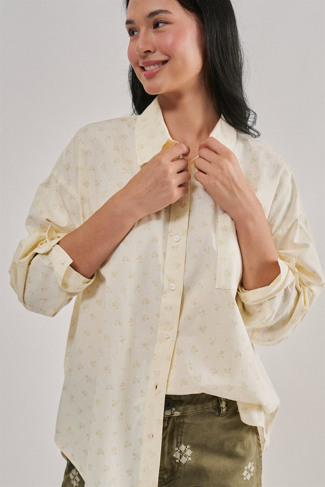 Soft Meadow Button-Down Shirt in CREAM - Women's Shirts & Blouses | Urban Daizy