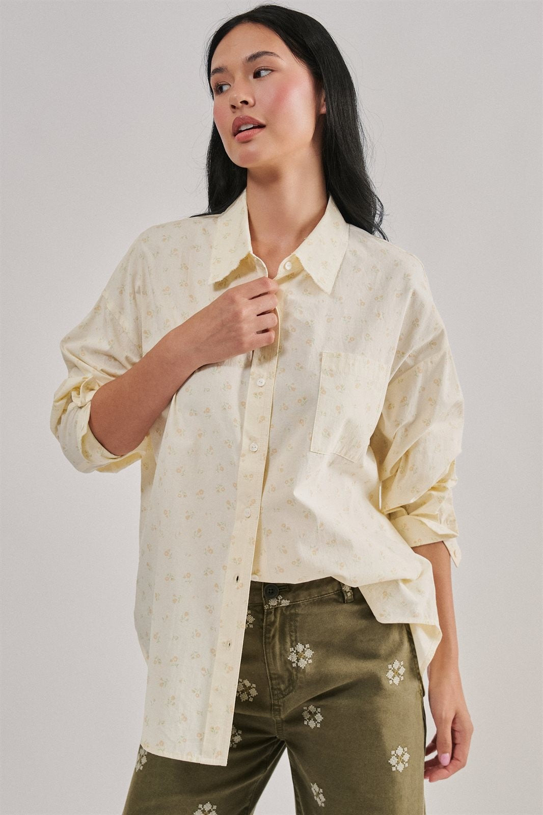 Soft Meadow Button-Down Shirt in CREAM - Women's Shirts & Blouses | Urban Daizy