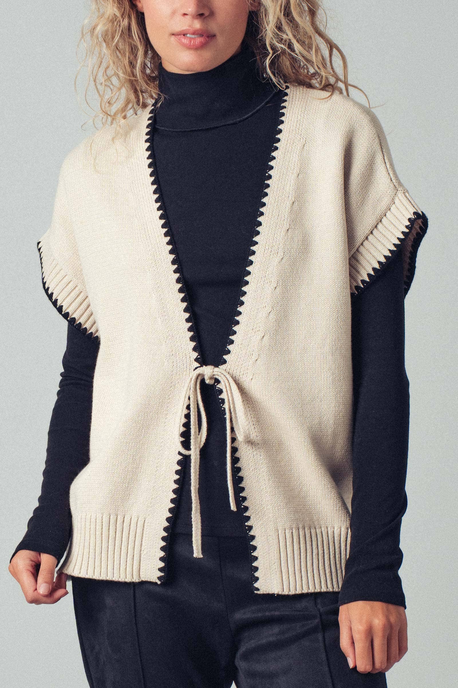 Crochet Trim Tie Front Knit Vest