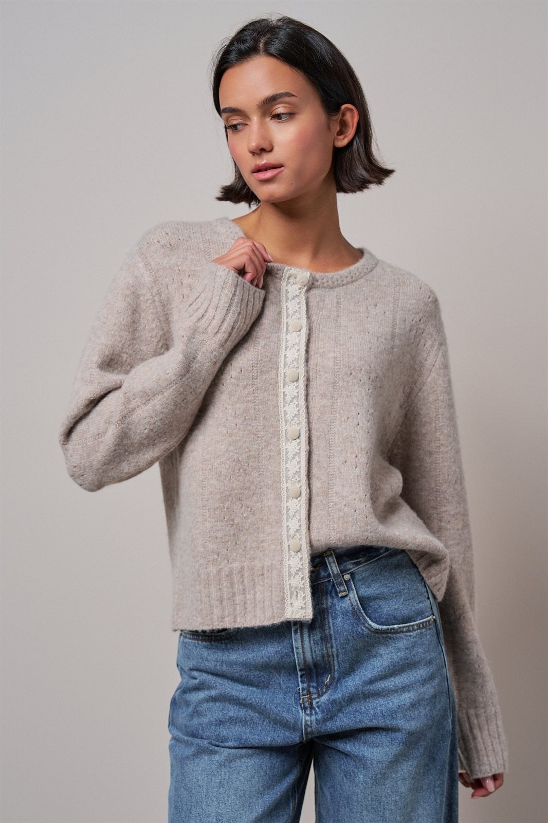 Elegant Wool Blend Cardigan with Lace Trim Detail in MOCHA - Women's Cardigans & Shrugs | Urban Daizy