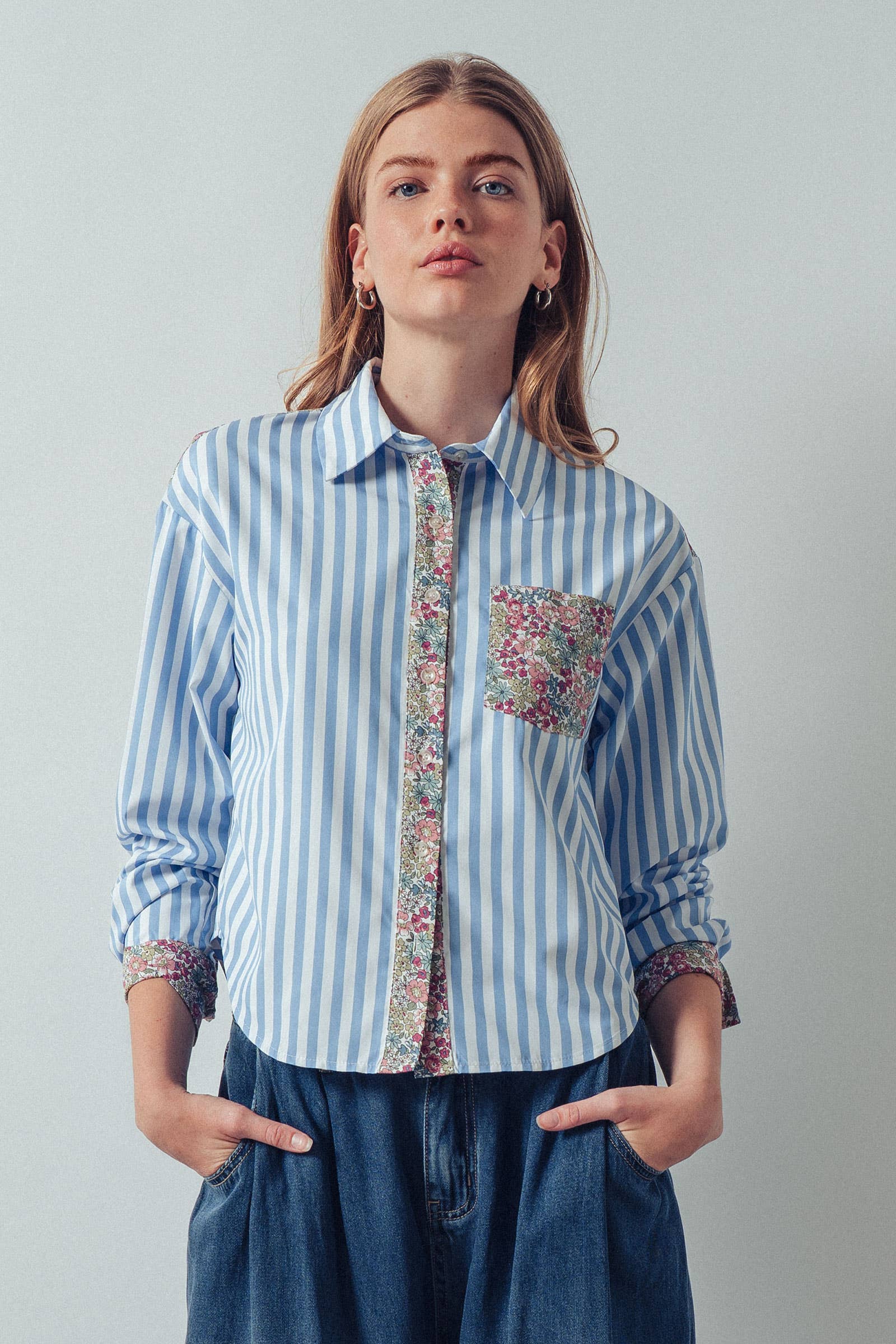Floral Contrast Mixed Print Striped Shirt