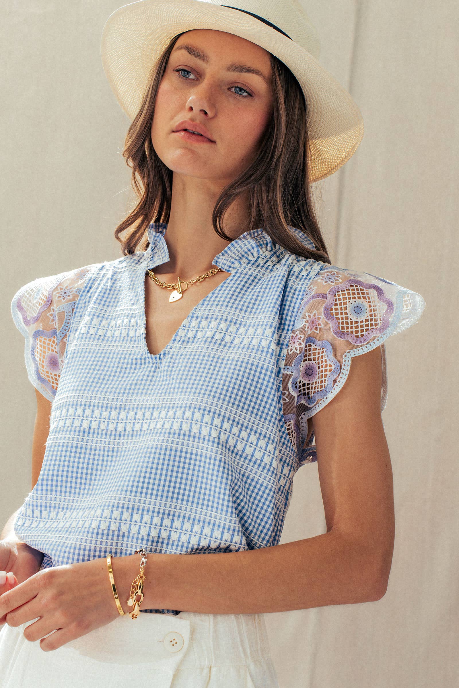 Gingham Lace Flutter Sleeve Cotton Top