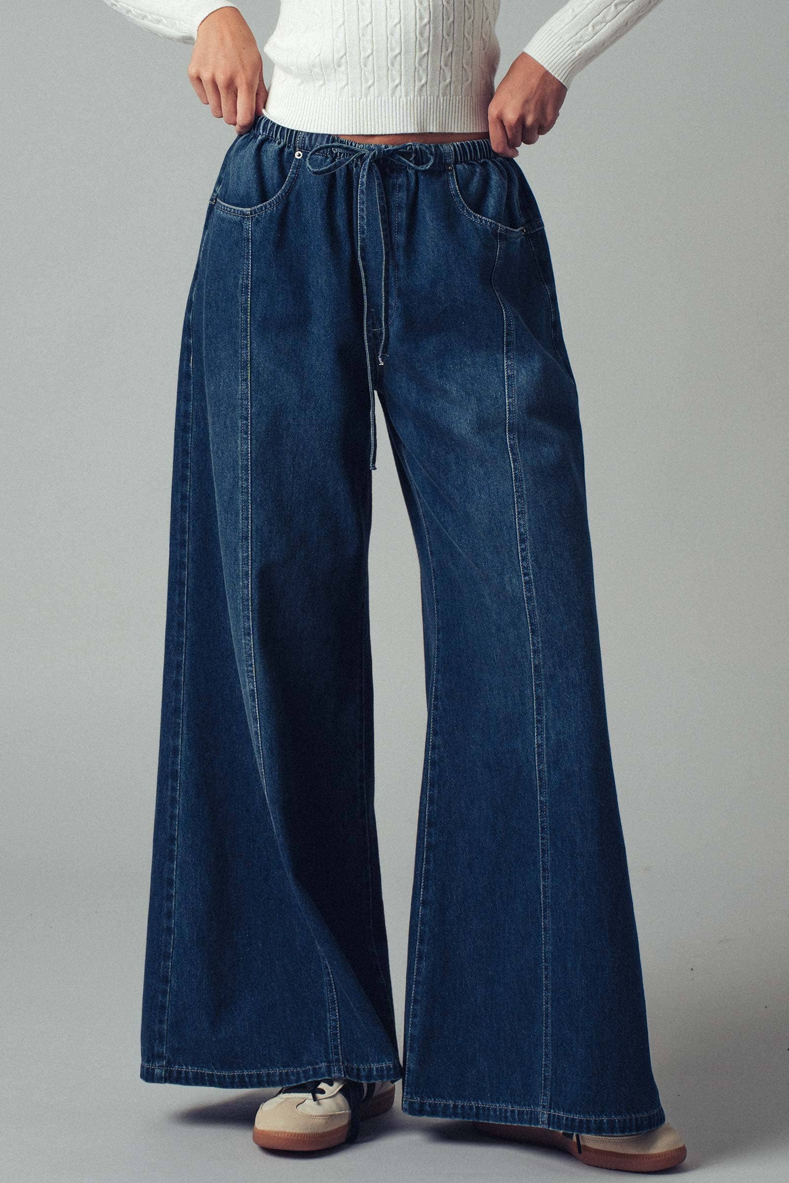 Relaxed Wide Leg Drawstring Western Pants | wholesale jeans - women's | Urban Daizy