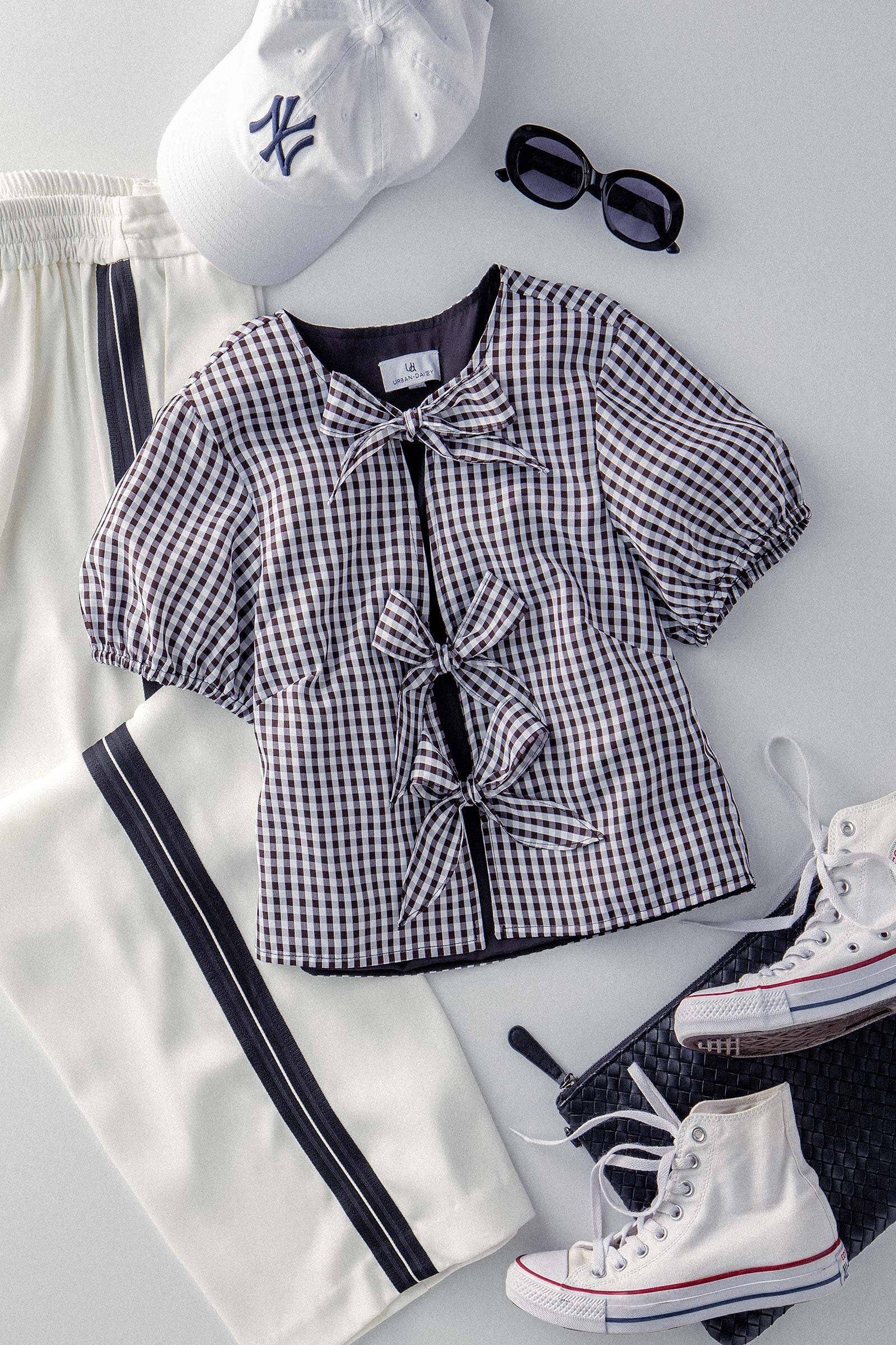 Urban Daizy Gingham Triple Bow Puff Sleeve Crop Top Pink Blouse - Women's (UDZ-TP-01033) – alternate view 2