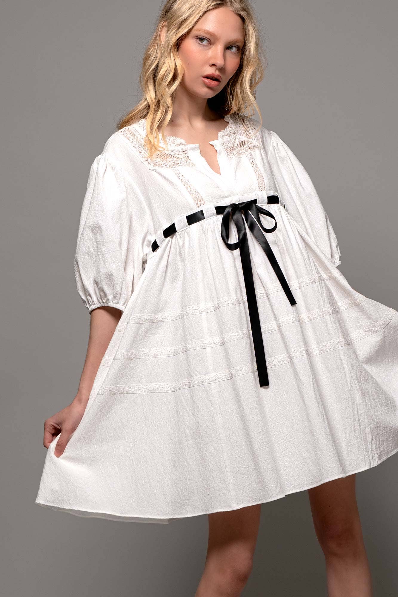 Urban Daizy Square Neck Lace Trim Bow Detail Empire Waist Dress Ivory Dress - Women's (UDZ-DR-00332) – alternate view 7