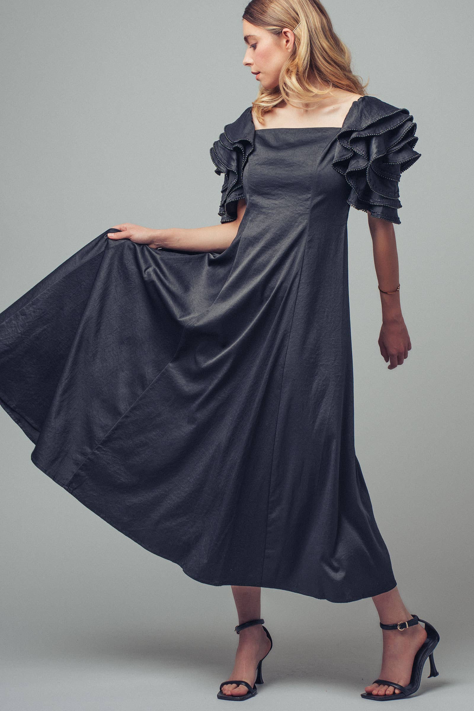 Tiered Ruffle Sleeve Smocked Midi Dress