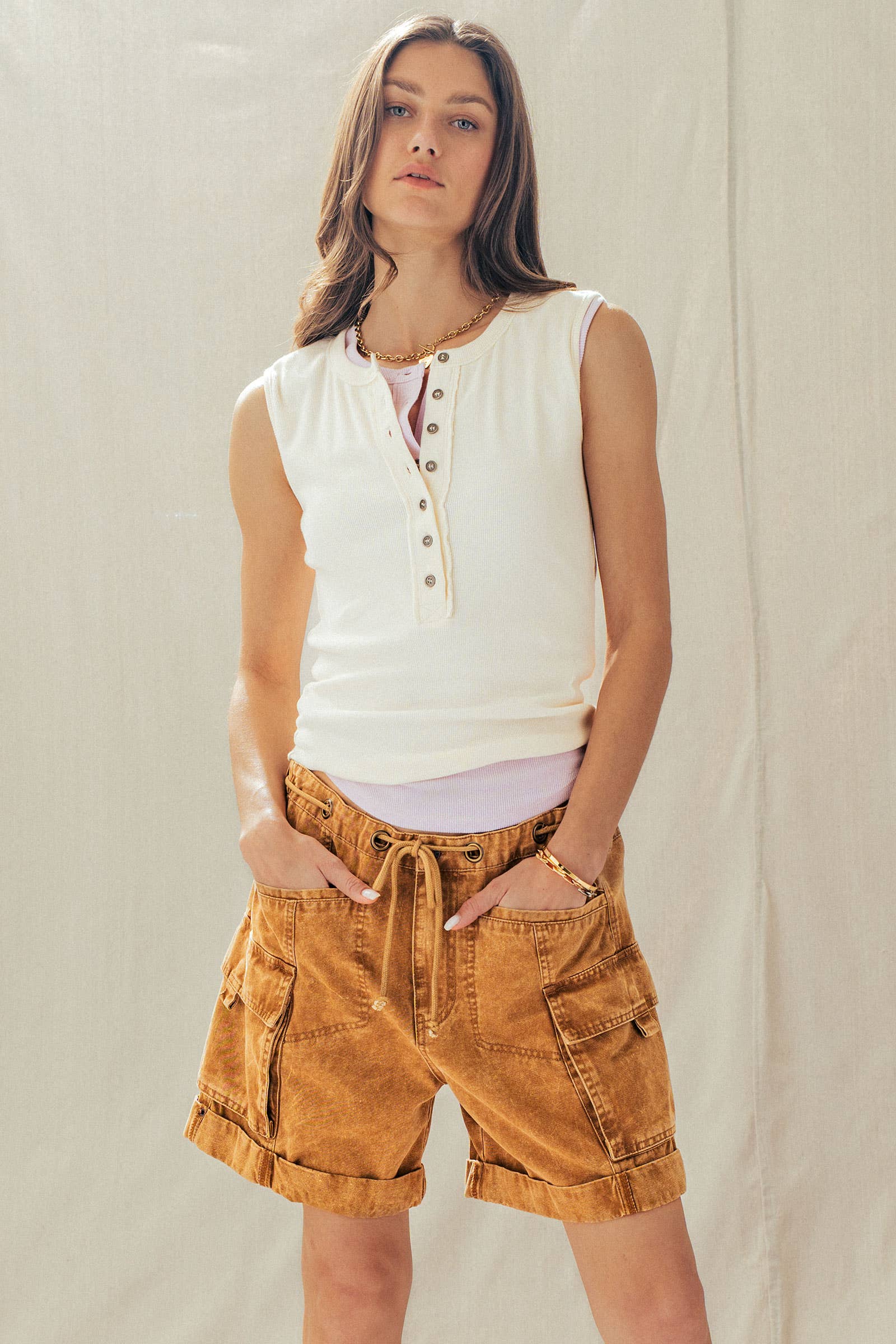 Urban Daizy Mineral Wash Cotton Utility Cargo Shorts Camel Shorts - Women's (UDZ-PT-00485) – alternate view 7